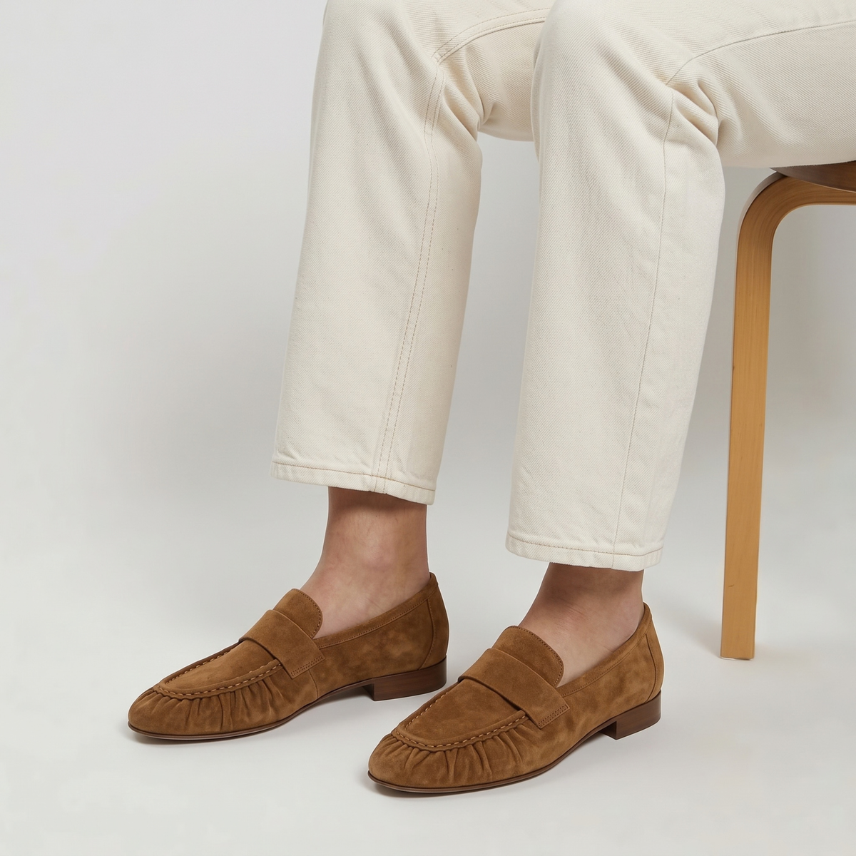 York Ruched Suede Loafers - Cognac Suede