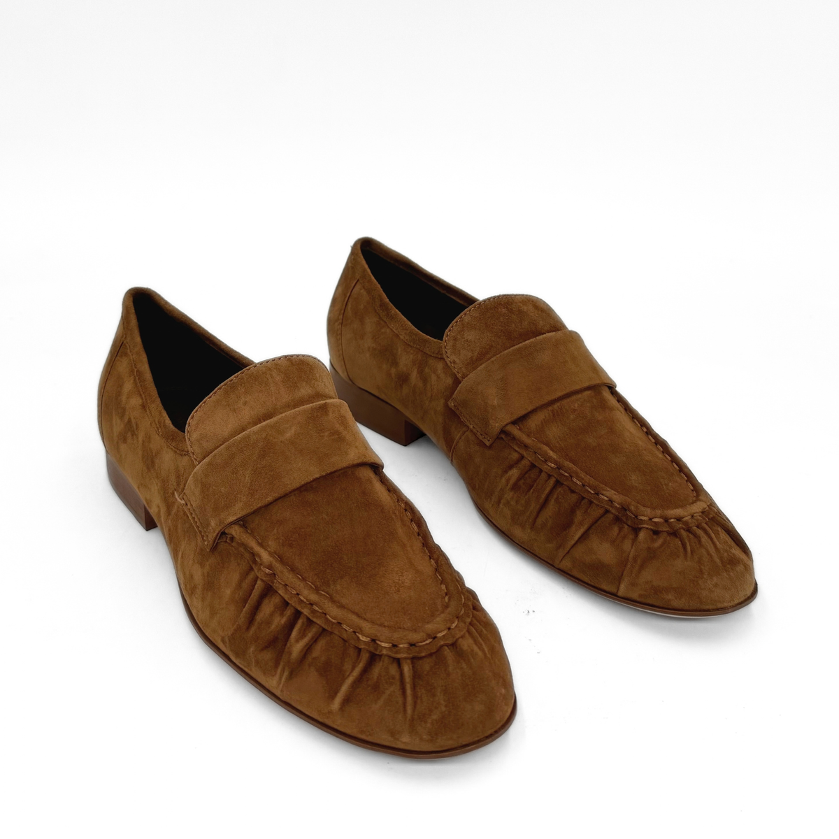 York Ruched Suede Loafers - Cognac Suede
