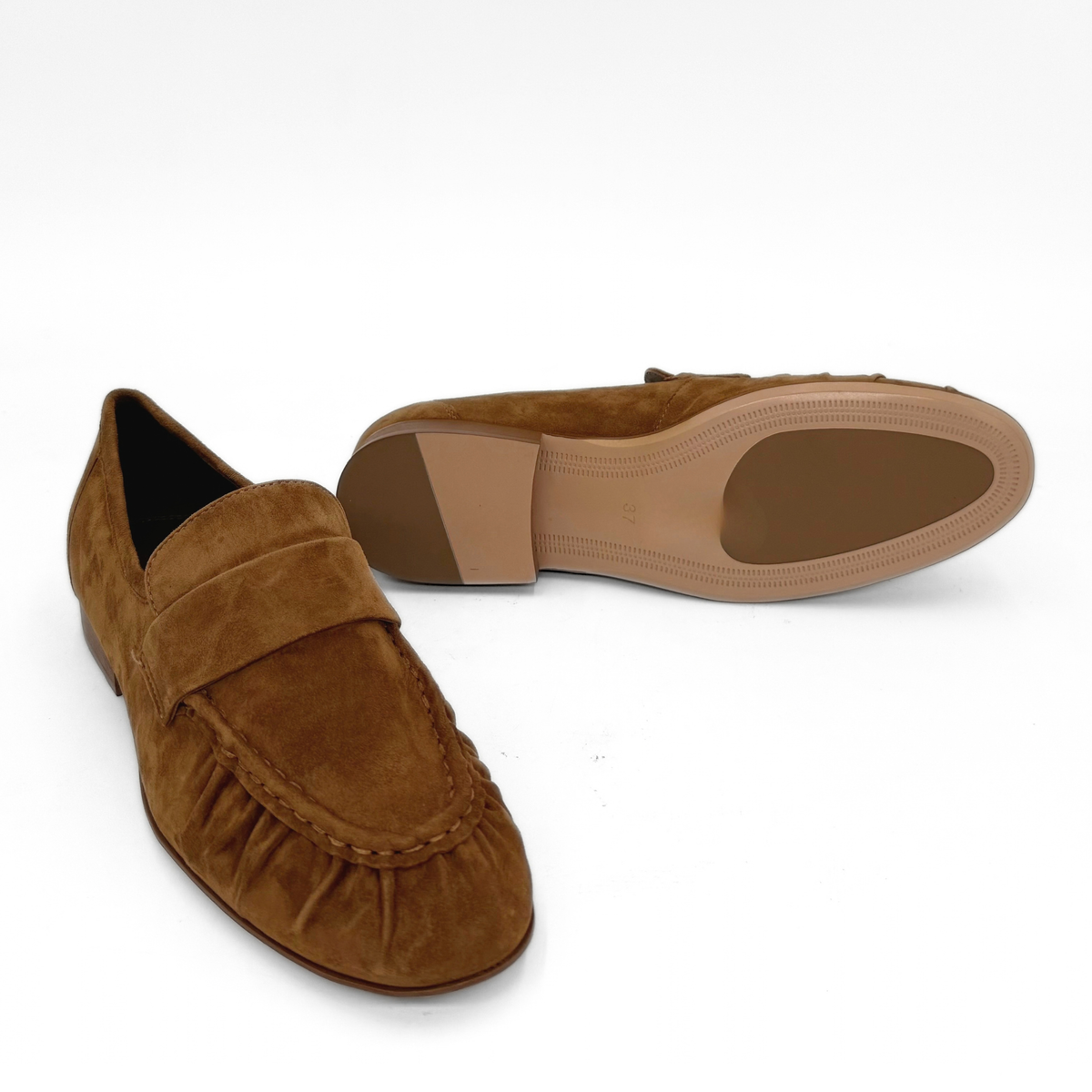 York Ruched Suede Loafers - Cognac Suede