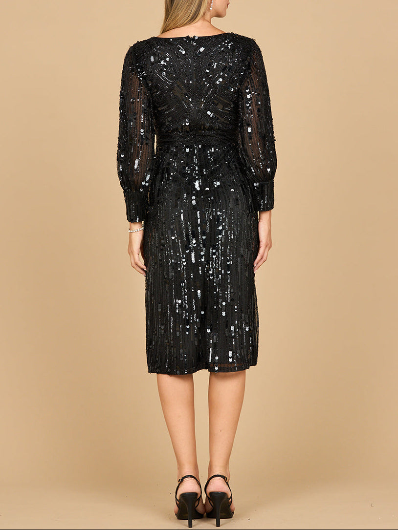 Beaded A-line Midi Dress with Long Sleeves