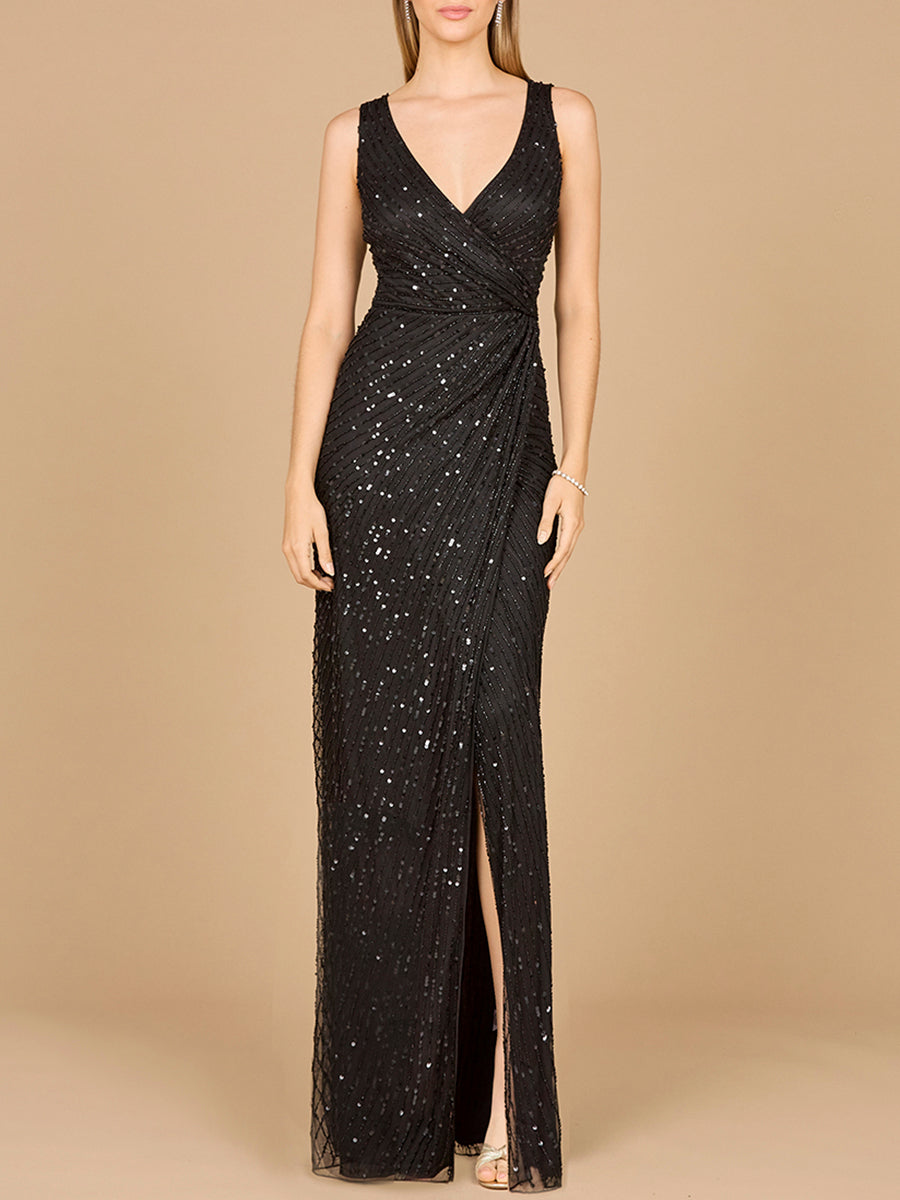 Black sequin evening gown on a beige background