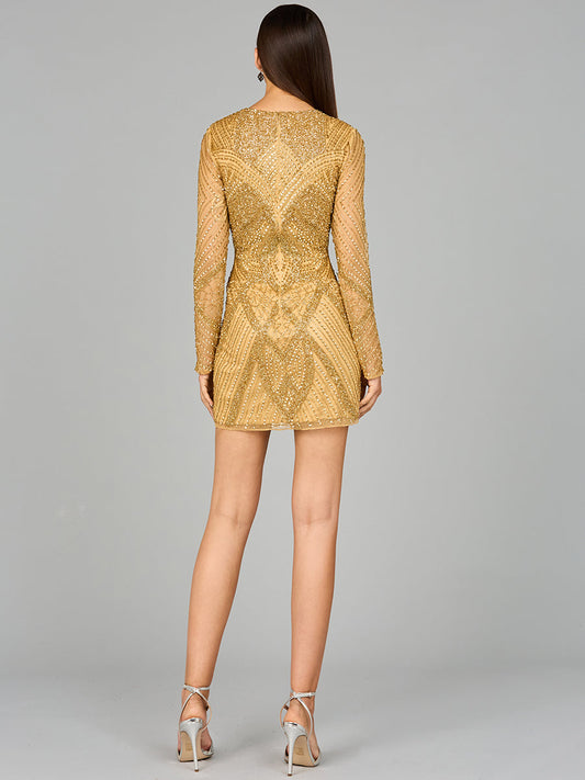 Long Sleeve Beaded Cocktail Dress