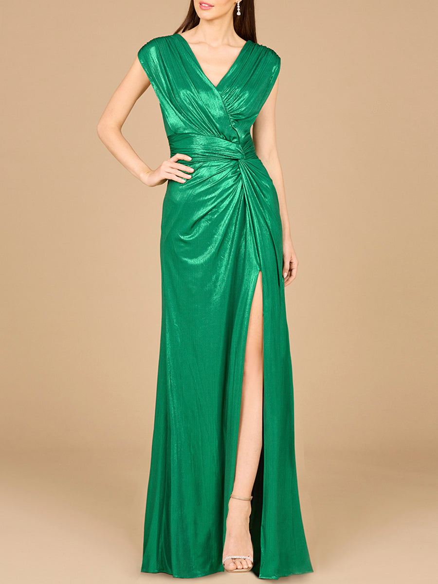 V-Neck Metallic Dress with Slit