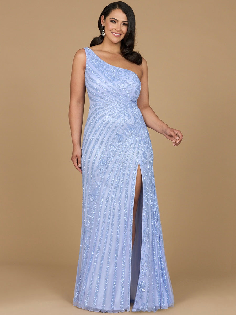One-Shoulder Beaded Gown with Slit