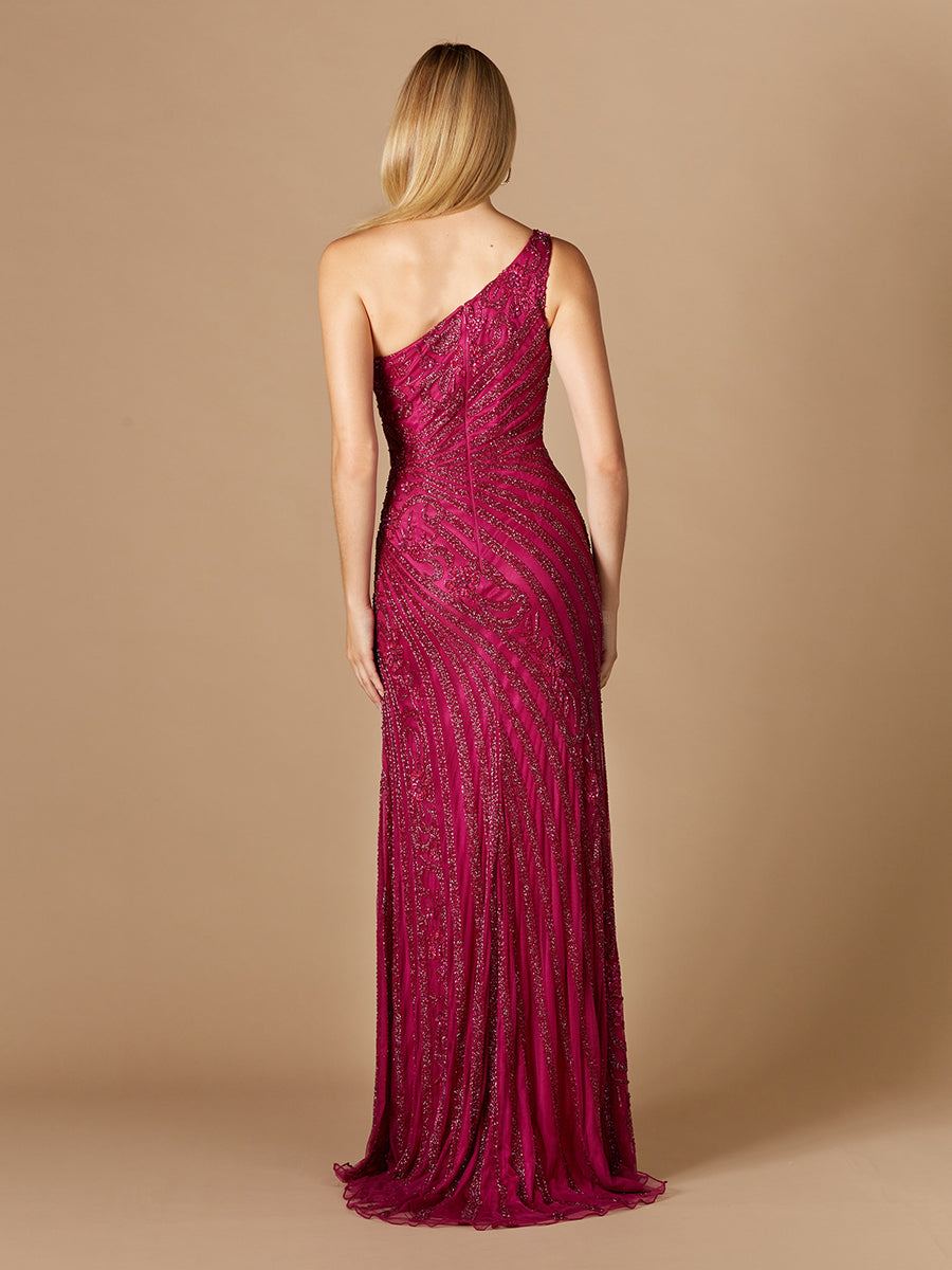 One-Shoulder Beaded Gown with Slit