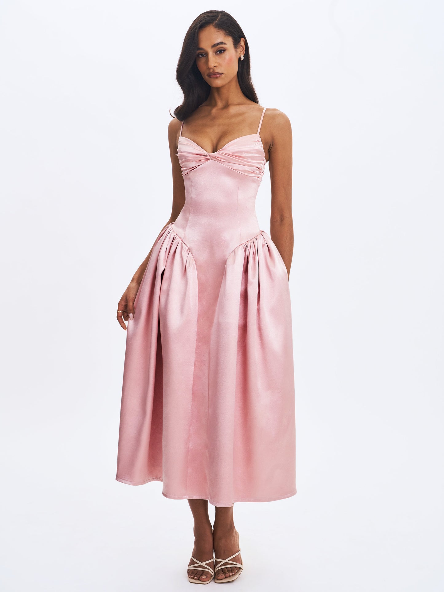 Tullia Dusty Rose Satin Ruched Midi Dress