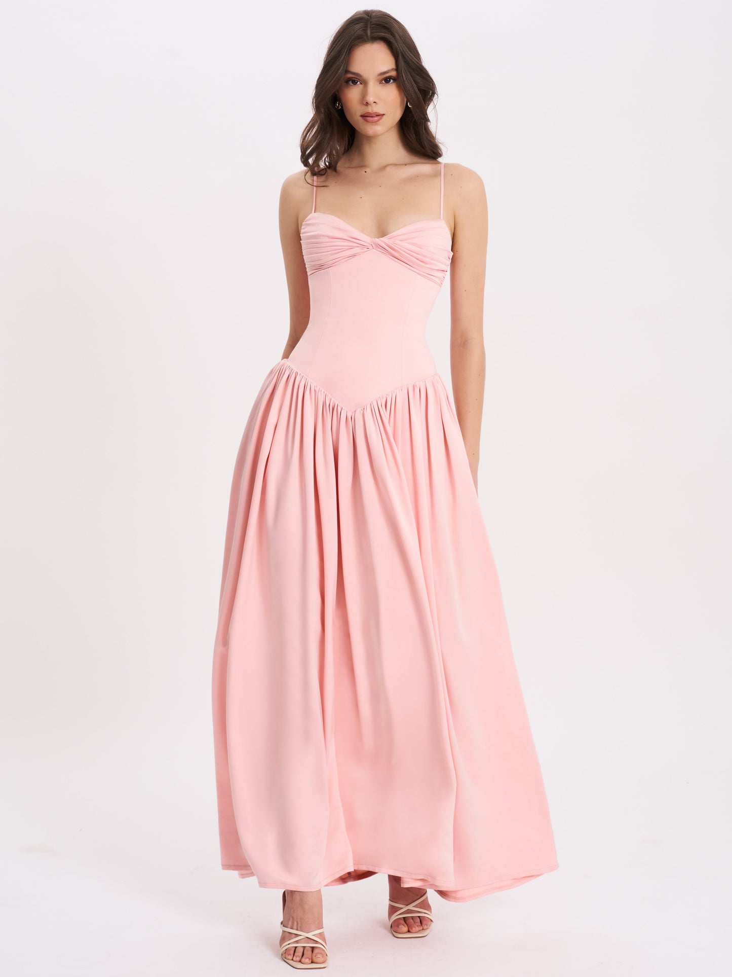 Najwa Baby Pink Ruched Breast Drop Waist Maxi Dress