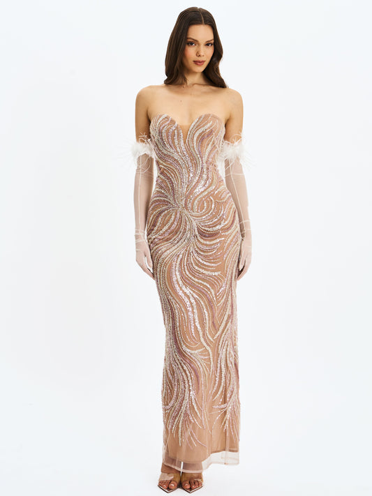 Quinci Apricot Beaded Sequin Sweetheart Maxi Dress