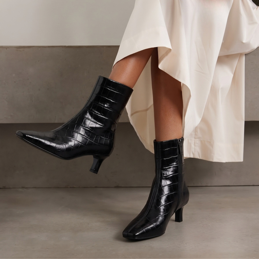 Tess Kitten Heel Booties - Black Embossed Croc