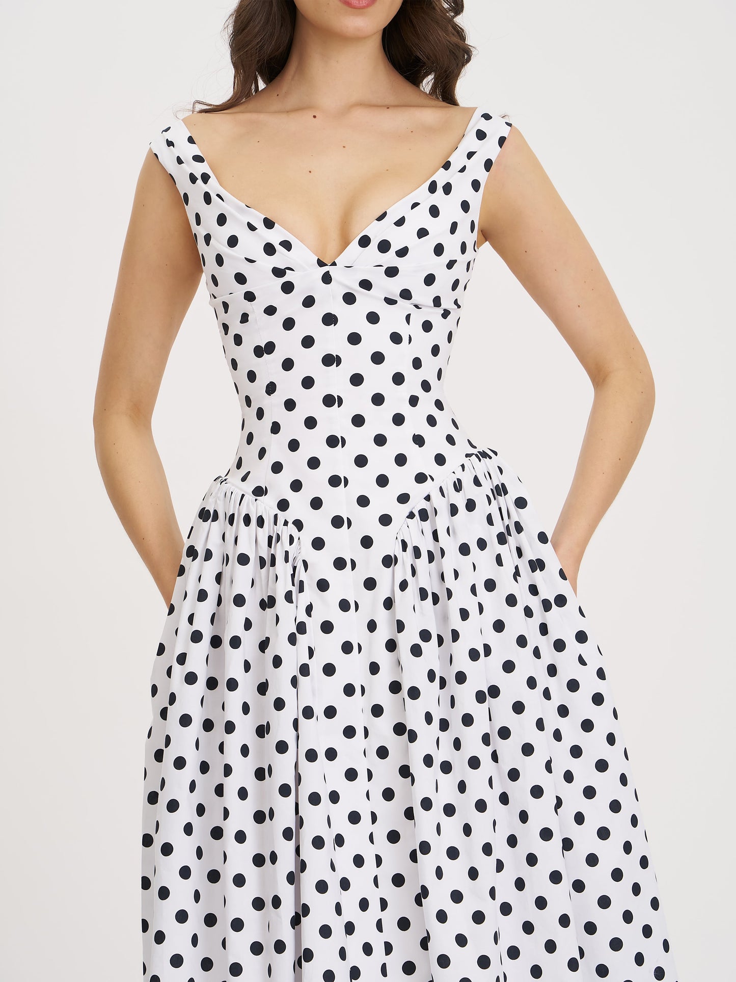 Rahma Polka Dot Drop Waist Midi Cotton Poplin Dress