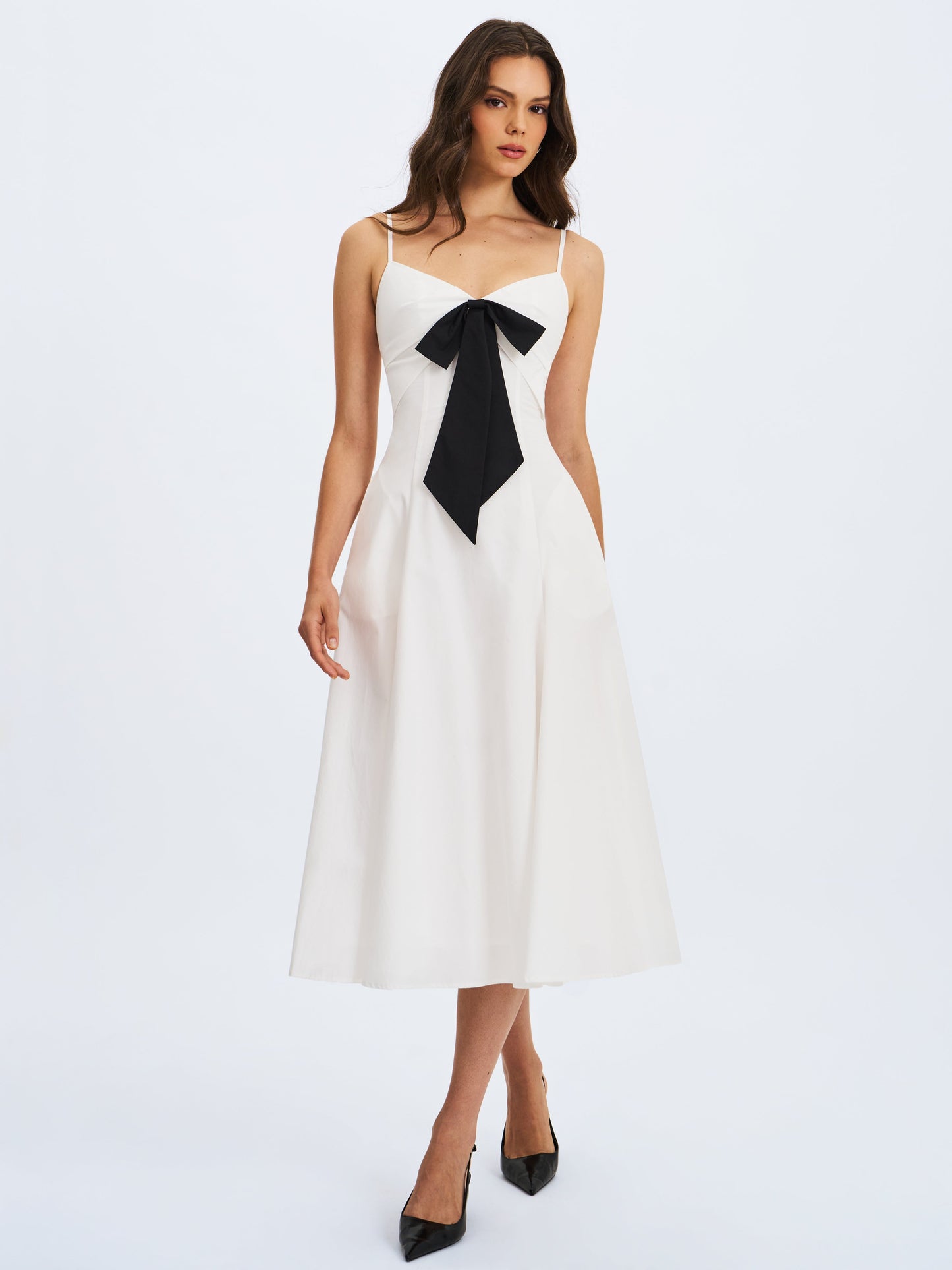 Corinne White Poplin Flared Midi Dress with Removable Bow
