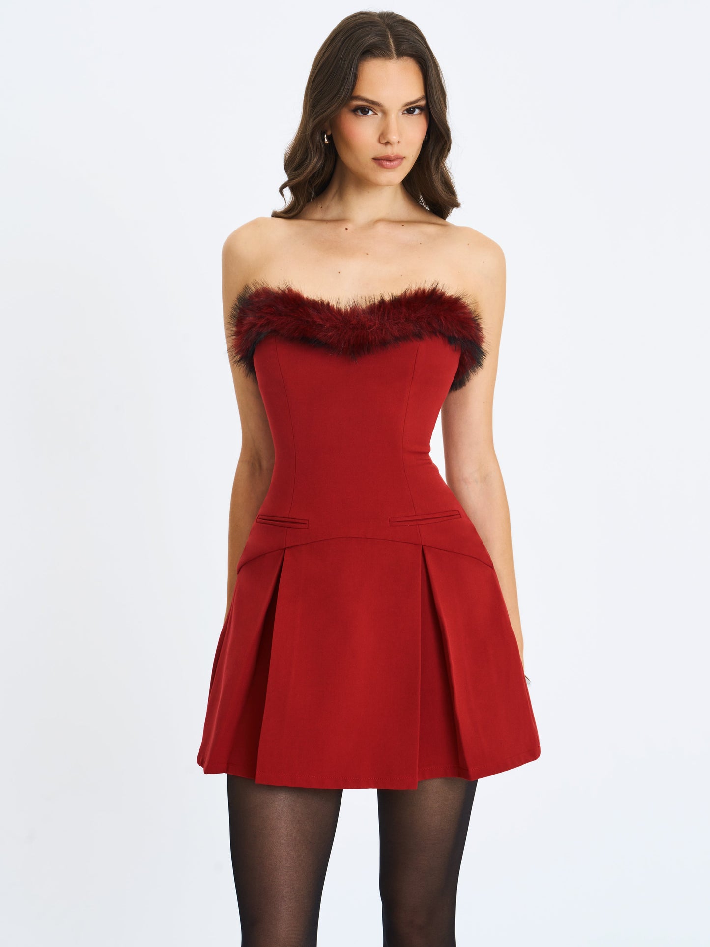 Nalia Crimson Fur Trimmed Sweetheart Mini Dress