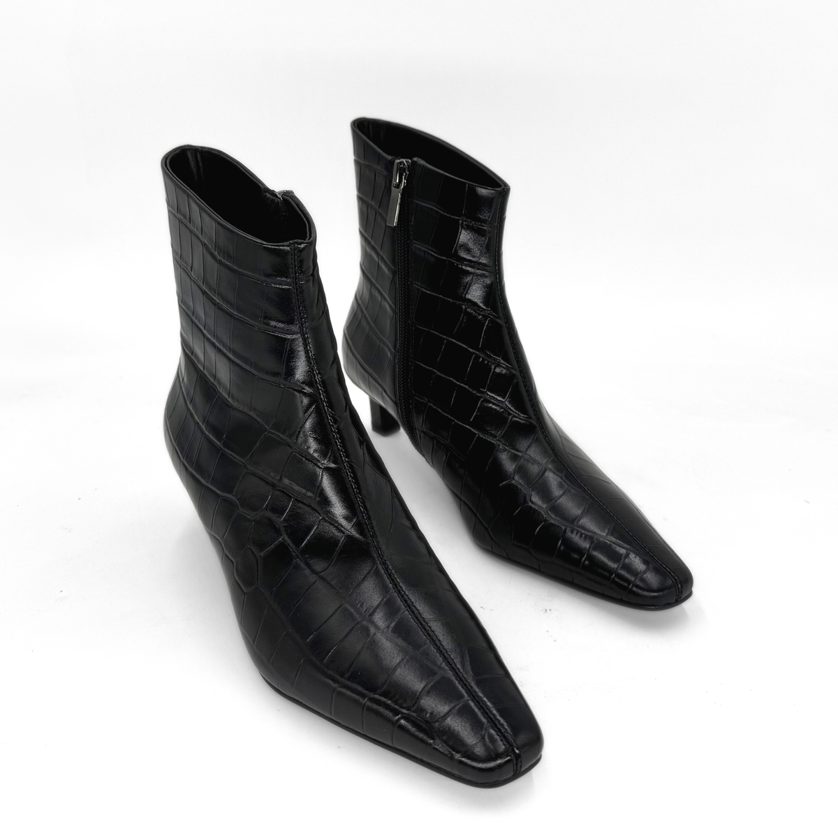 Tess Kitten Heel Booties - Black Embossed Croc