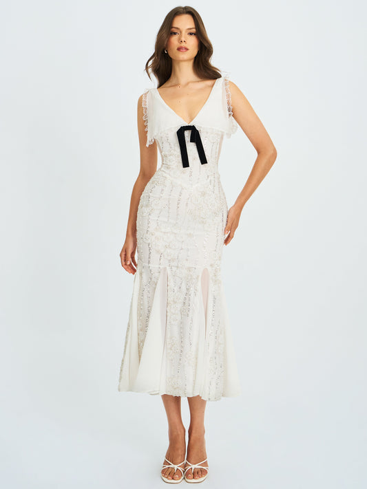 Paola White Peter Pan Collar Beaded Sequin Mermaid Midi Dress