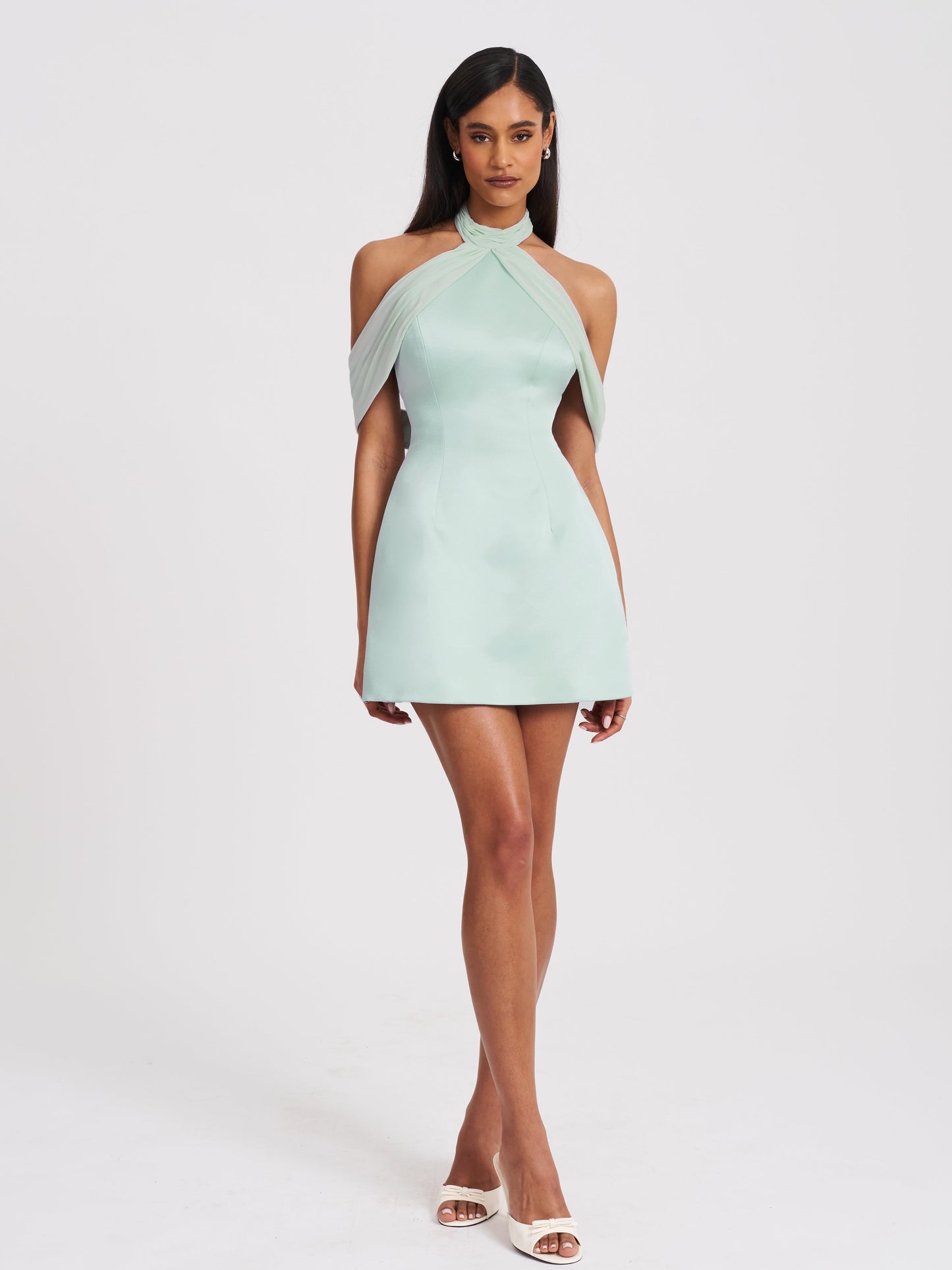 Zafrina Light Cyan Halter Off-shoulder Backless Mini Dress