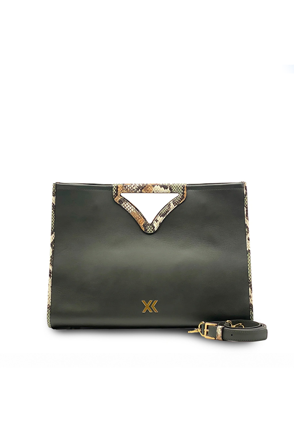 Black handbag with snake print accents on a white background