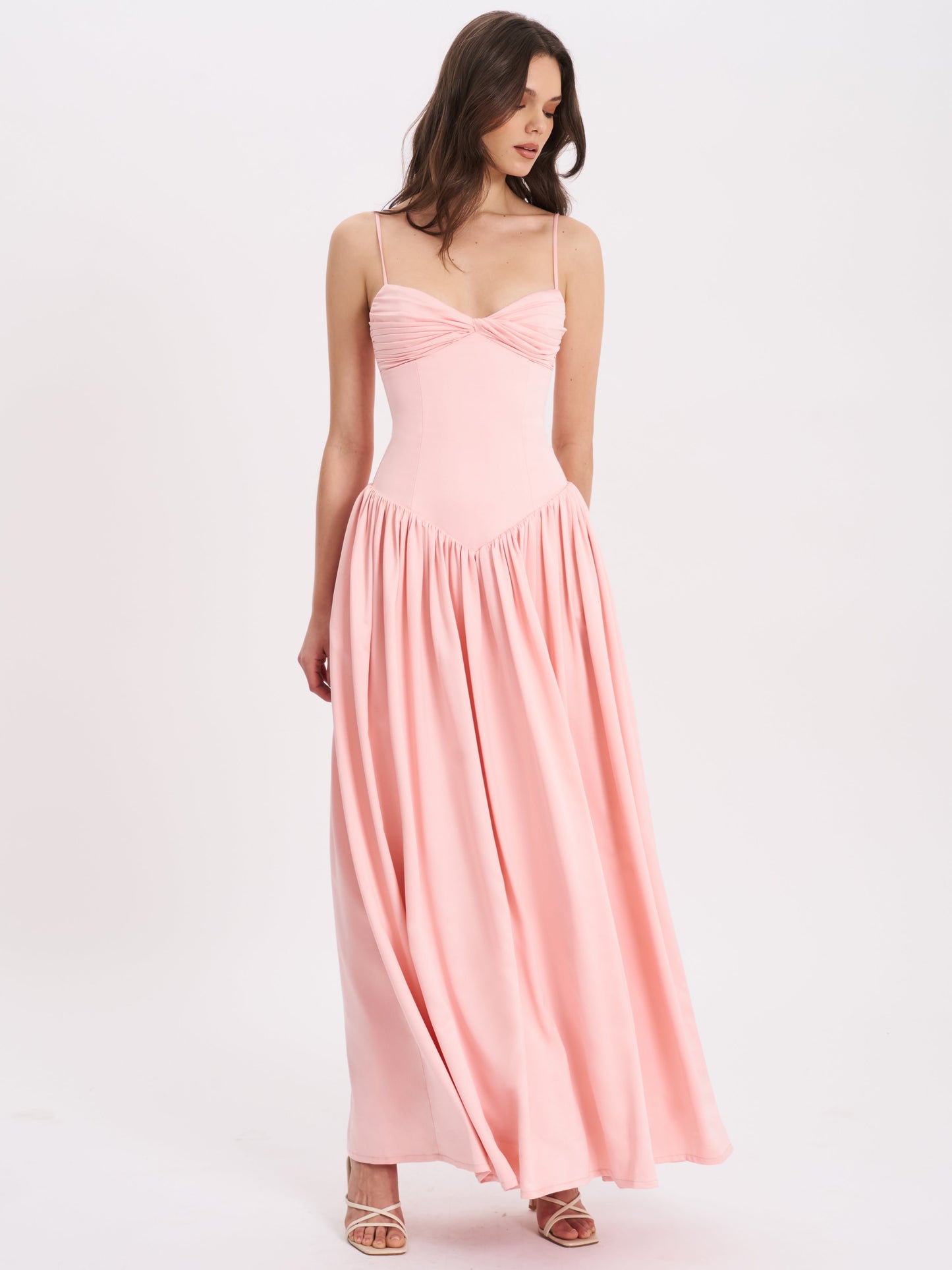 Najwa Baby Pink Ruched Breast Drop Waist Maxi Dress