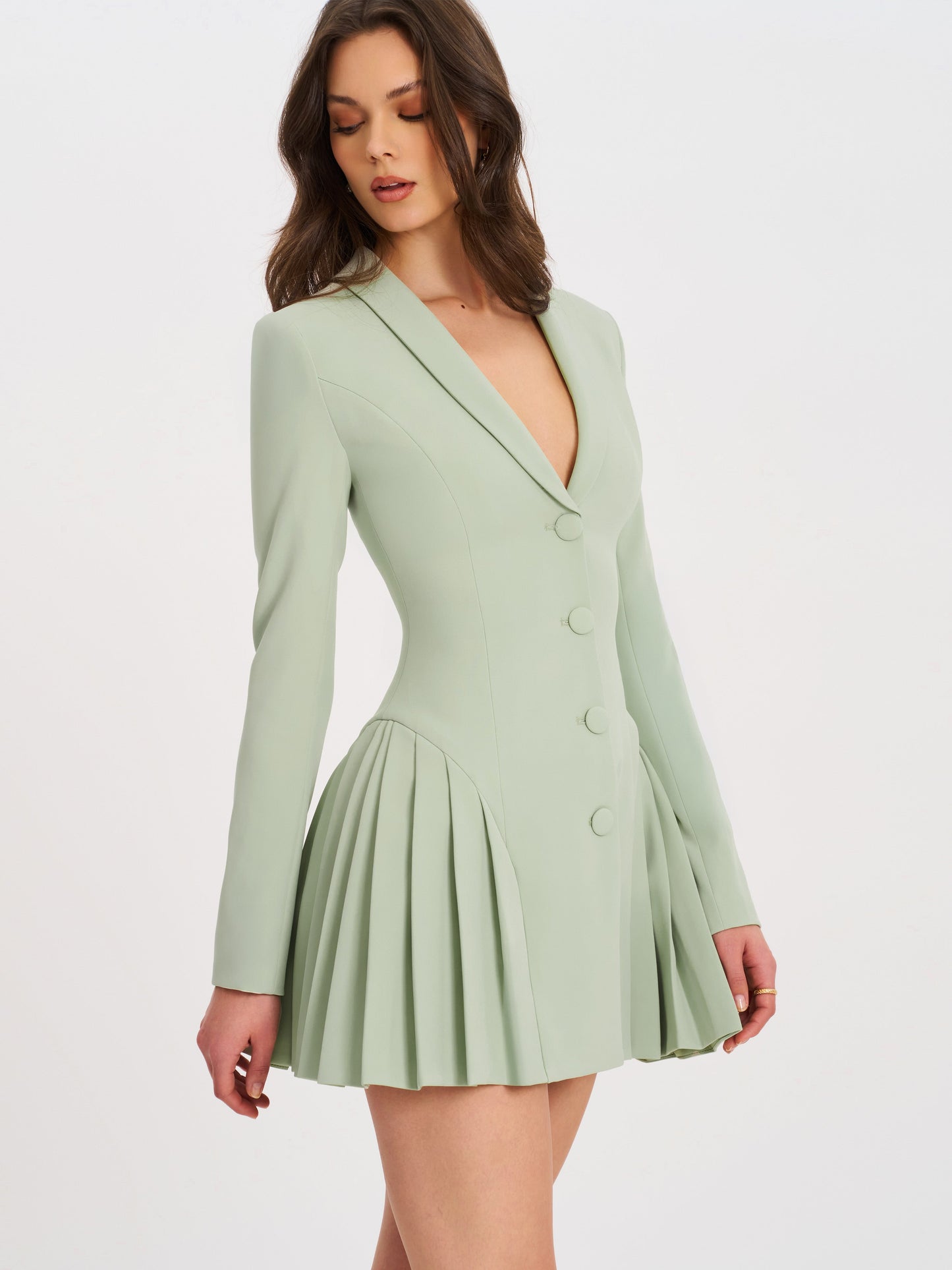Delia Pistachio Green Blazer Dress with Pleated Detail