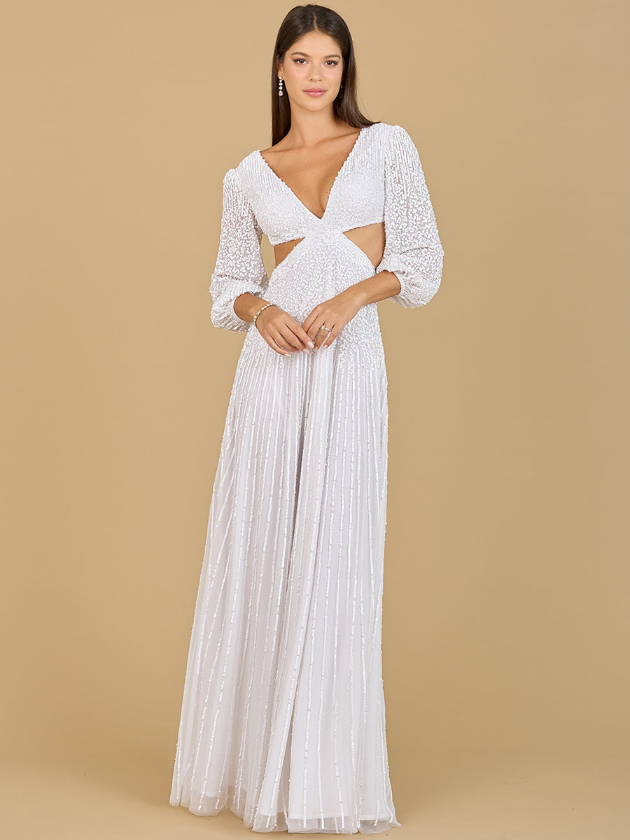Woman wearing a white lace dress with cut-out design on a beige background