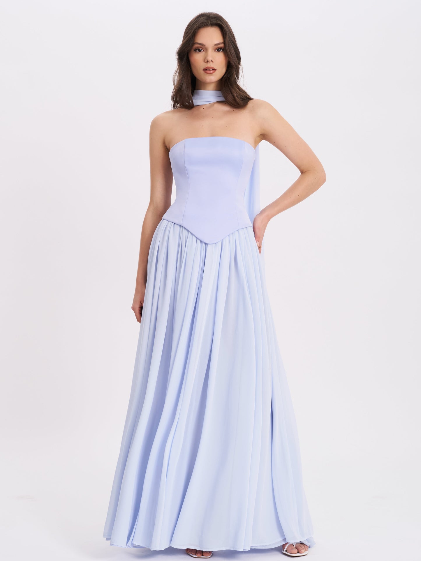 Qianna Baby Blue Peplum Top Drop Waist Chiffon Gown