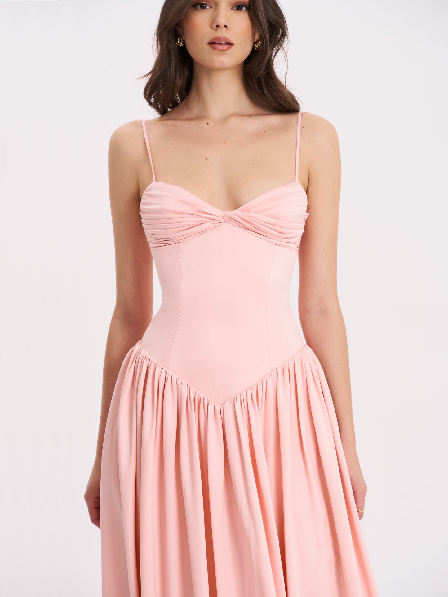 Najwa Baby Pink Ruched Breast Drop Waist Maxi Dress