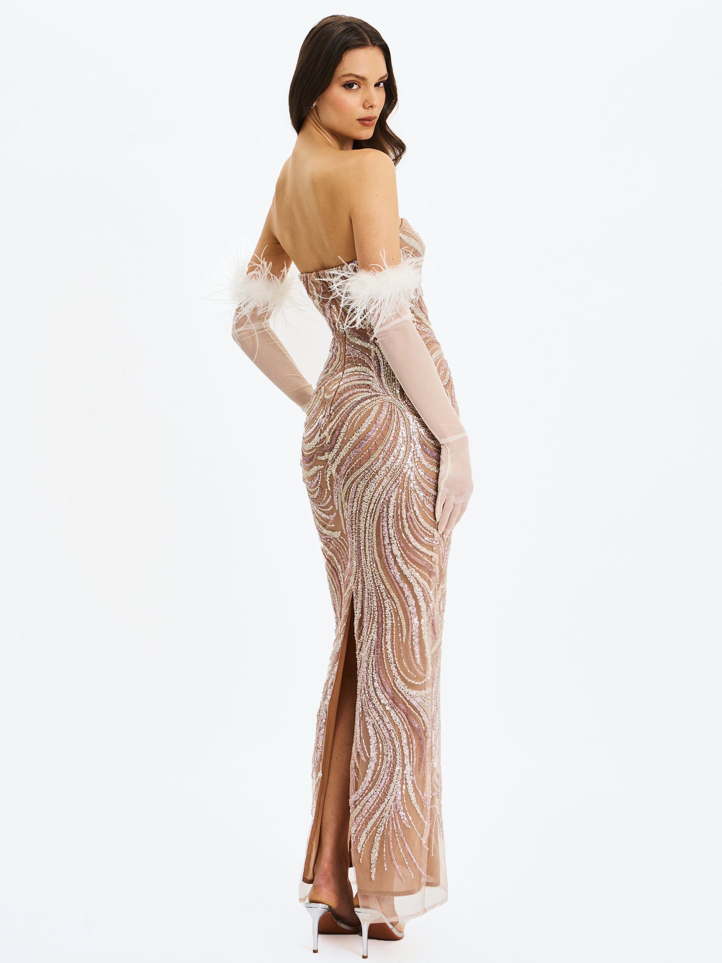 Quinci Apricot Beaded Sequin Sweetheart Maxi Dress