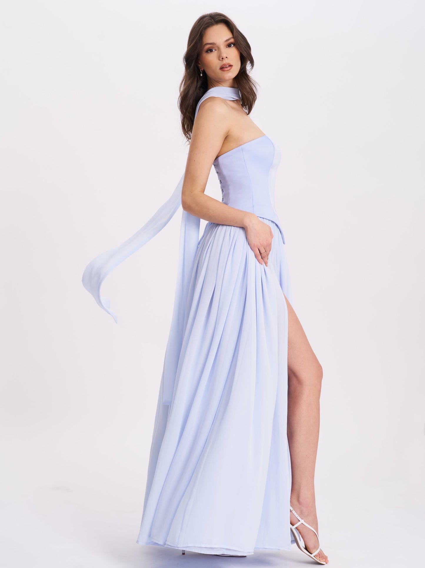 Qianna Baby Blue Peplum Top Drop Waist Chiffon Gown