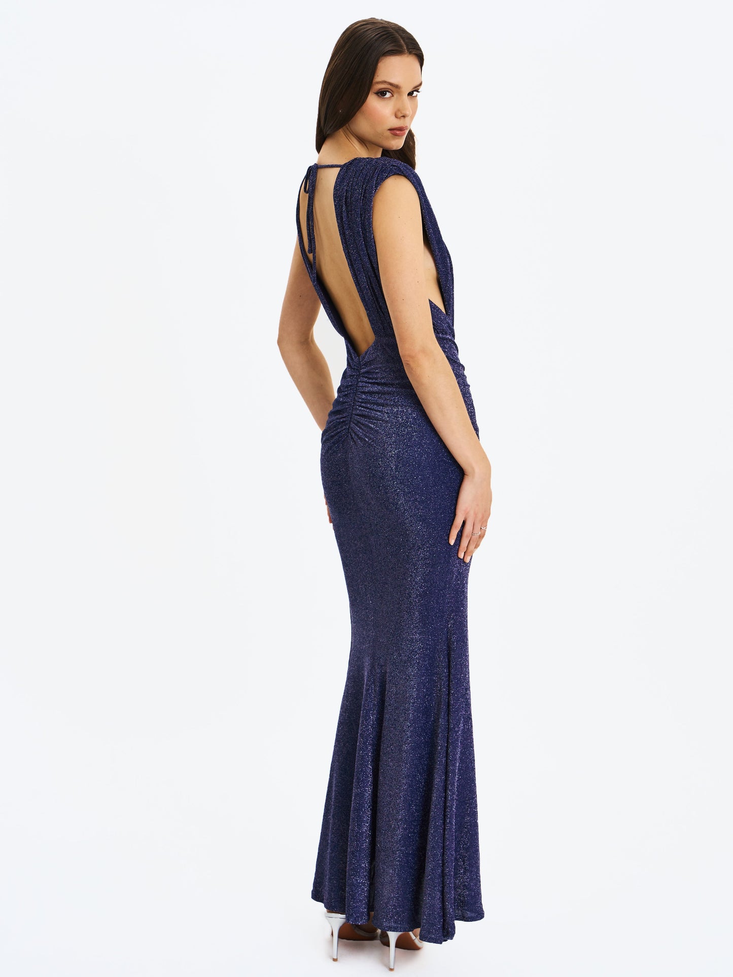 Terri Navy Sparkle Plunging Backless Maxi Dress