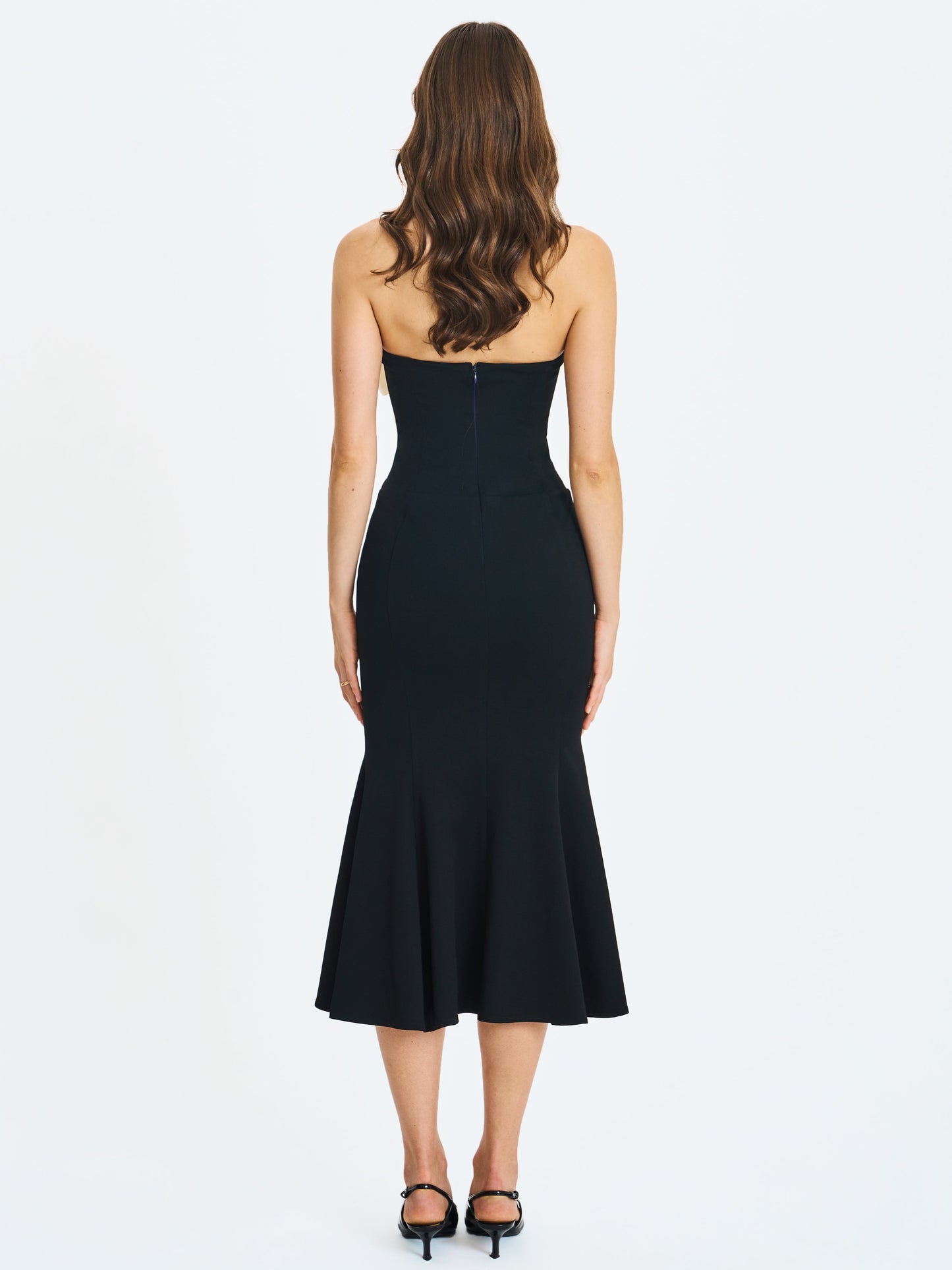 Saige Black Mermaid Midi Dress with Ivory Bow Bustline