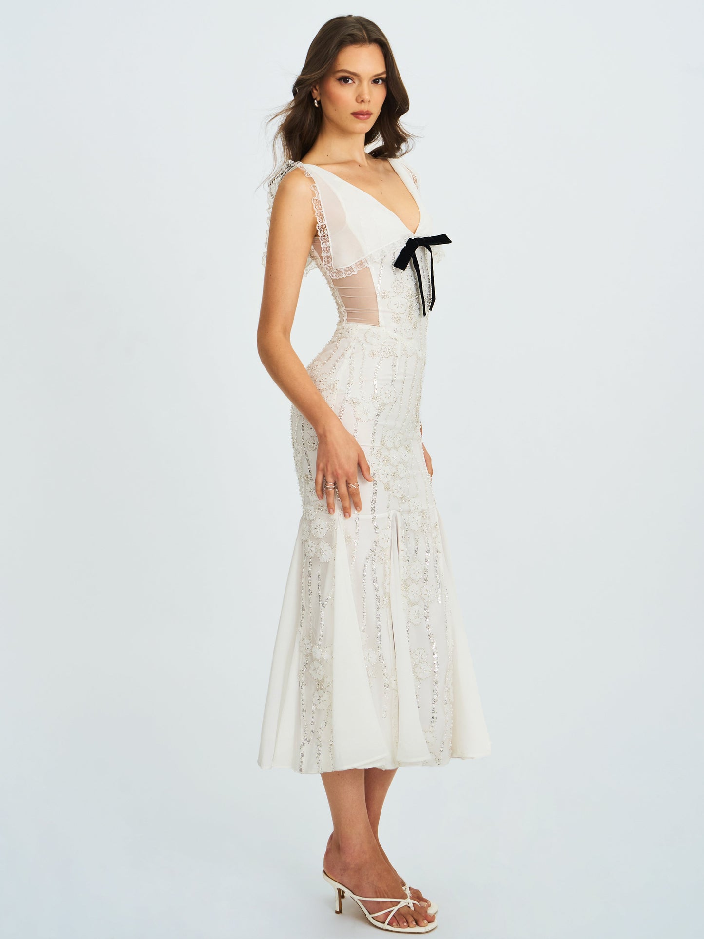 Paola White Peter Pan Collar Beaded Sequin Mermaid Midi Dress