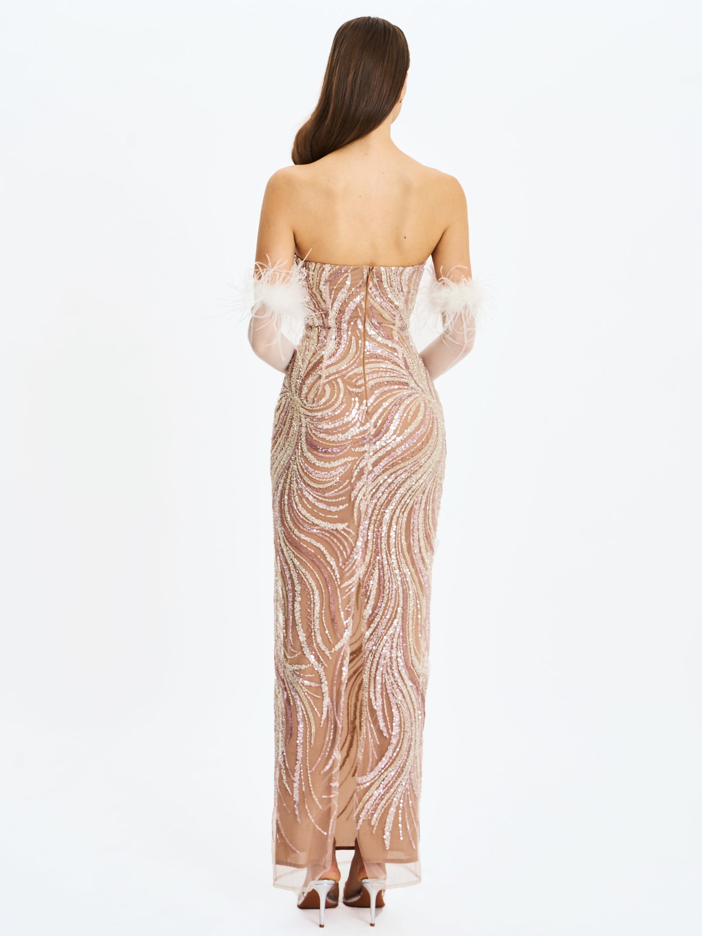 Quinci Apricot Beaded Sequin Sweetheart Maxi Dress