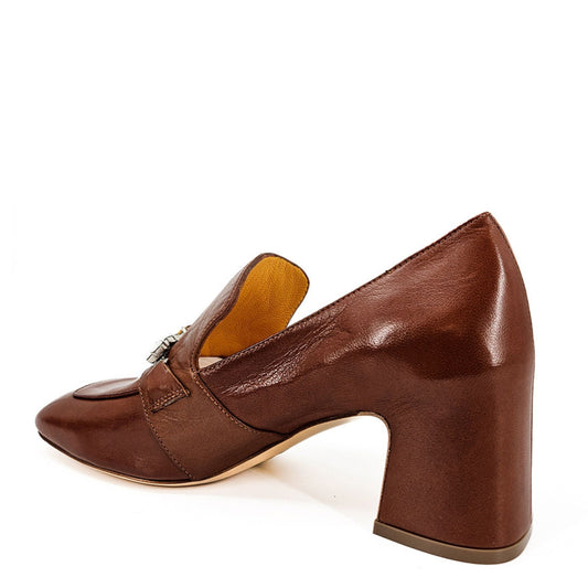 Cognac Leather Mid Heel Jeweled Loafer