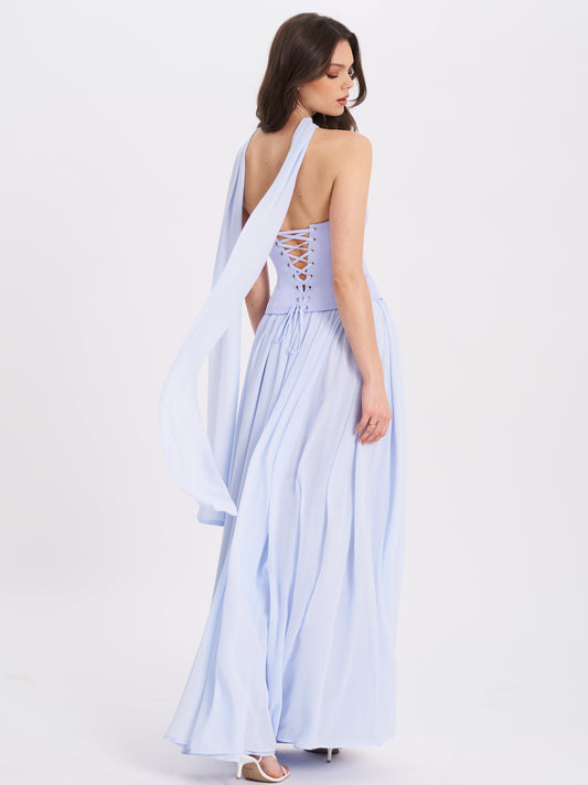 Qianna Baby Blue Peplum Top Drop Waist Chiffon Gown