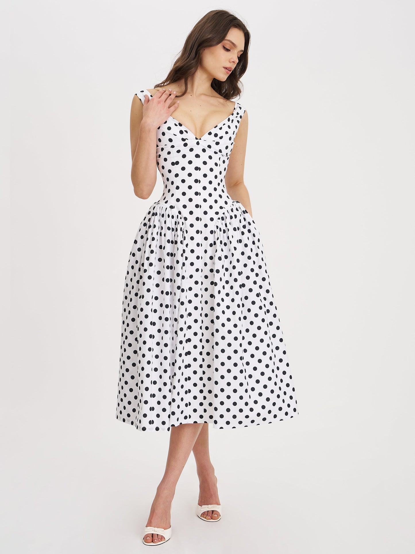 Rahma Polka Dot Drop Waist Midi Cotton Poplin Dress