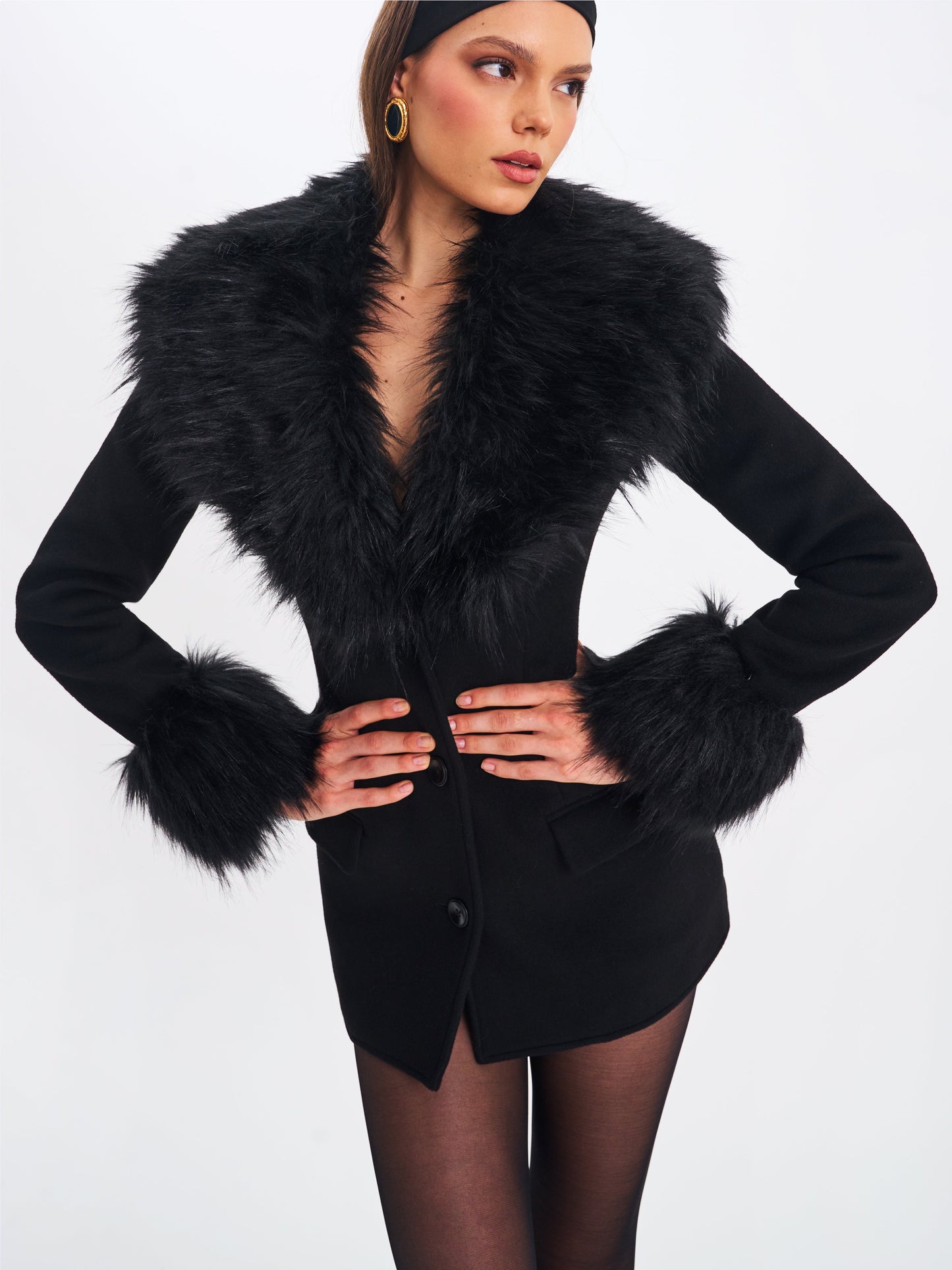 Hailee Black Single Breasted Wool Blend Mini Coat with Removable Fur Lapel