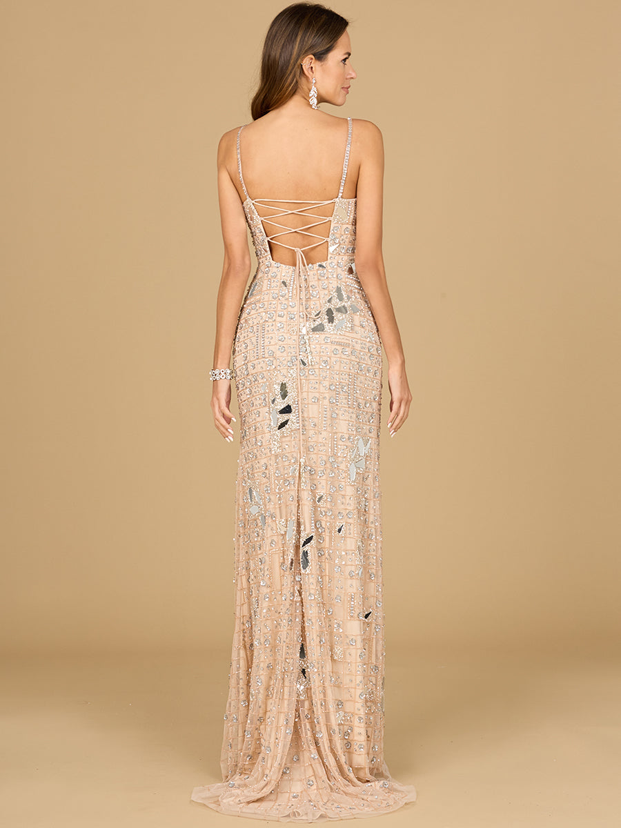 Mirror Beaded Gown With High Slit