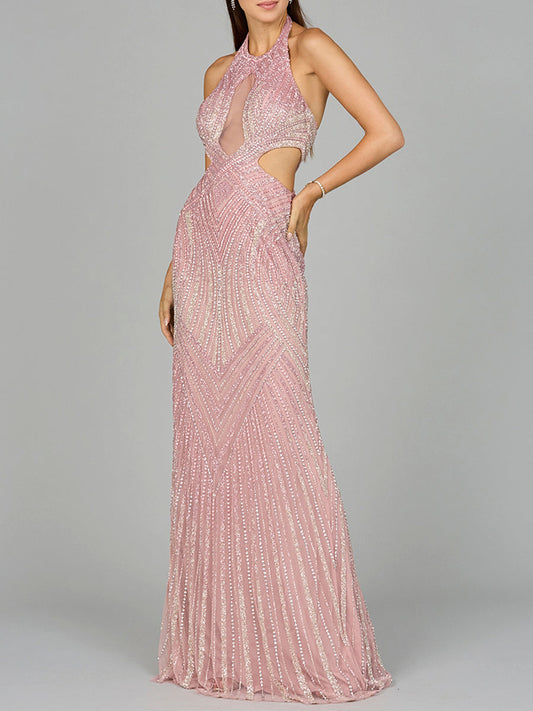 Halter Neck Beaded Dress with Cutouts