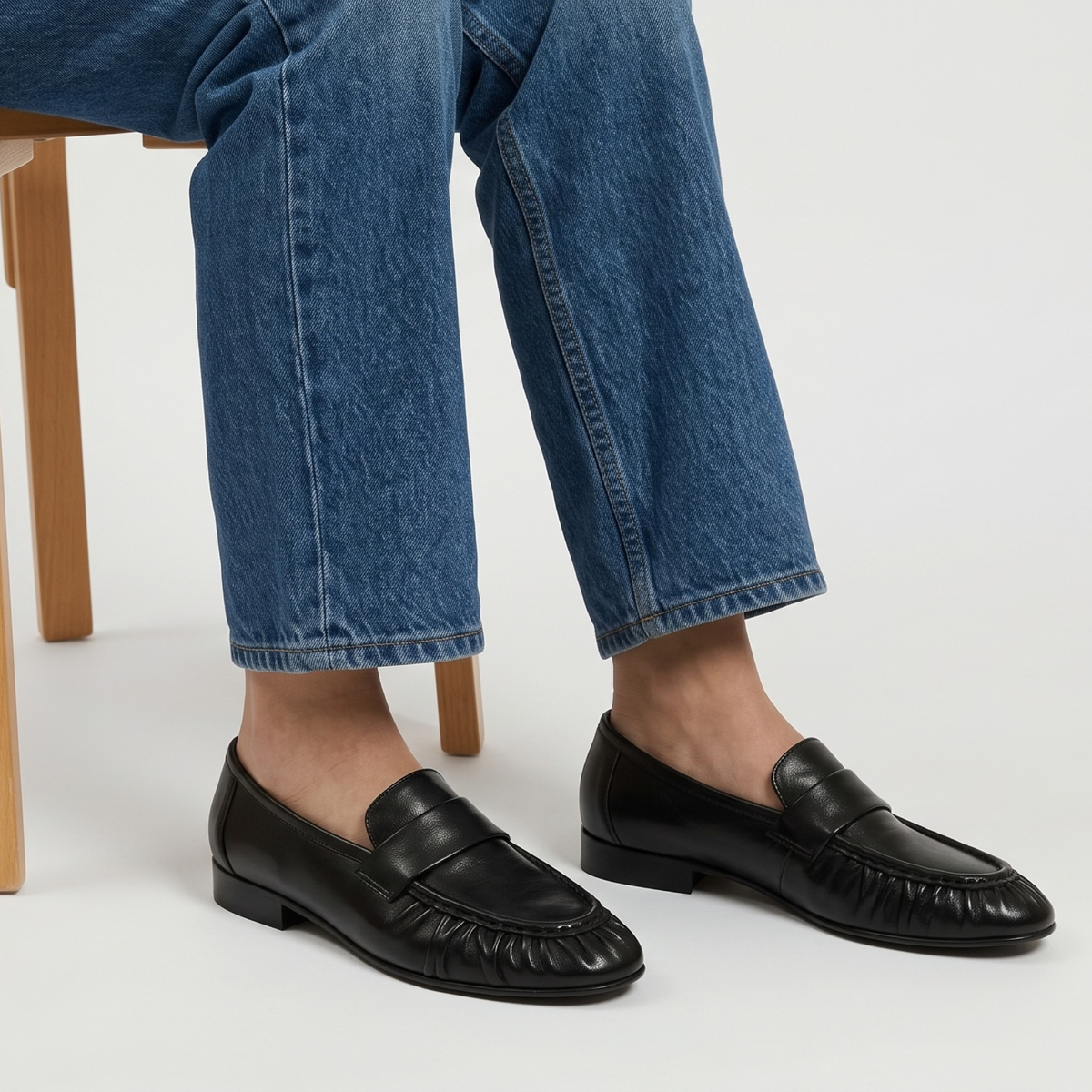 York Ruched Leather Loafers - Black Leather