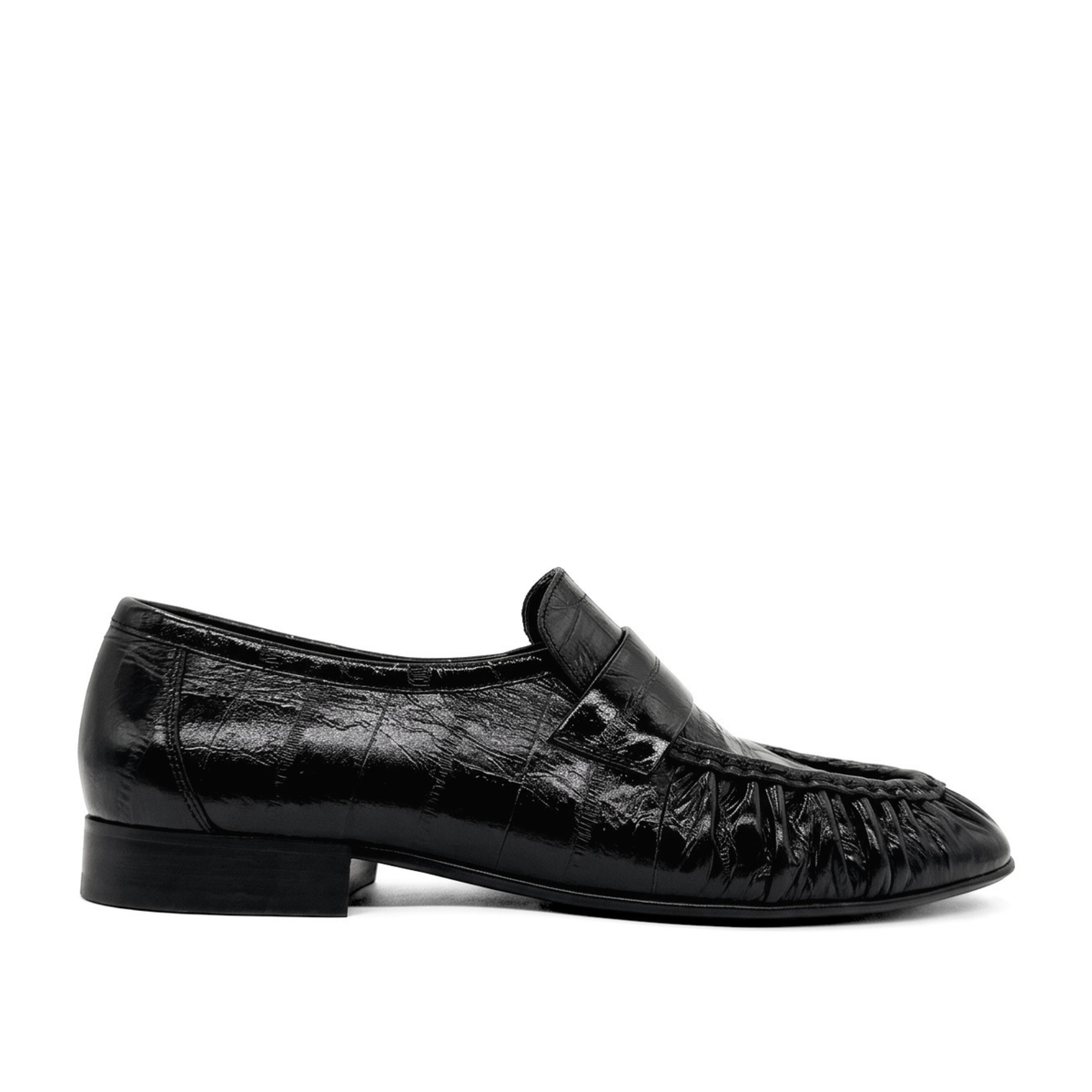 York Ruched Leather Loafers - Black Embossed Croc