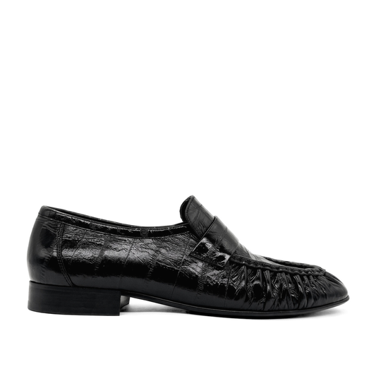 York Ruched Leather Loafers - Black Embossed Croc