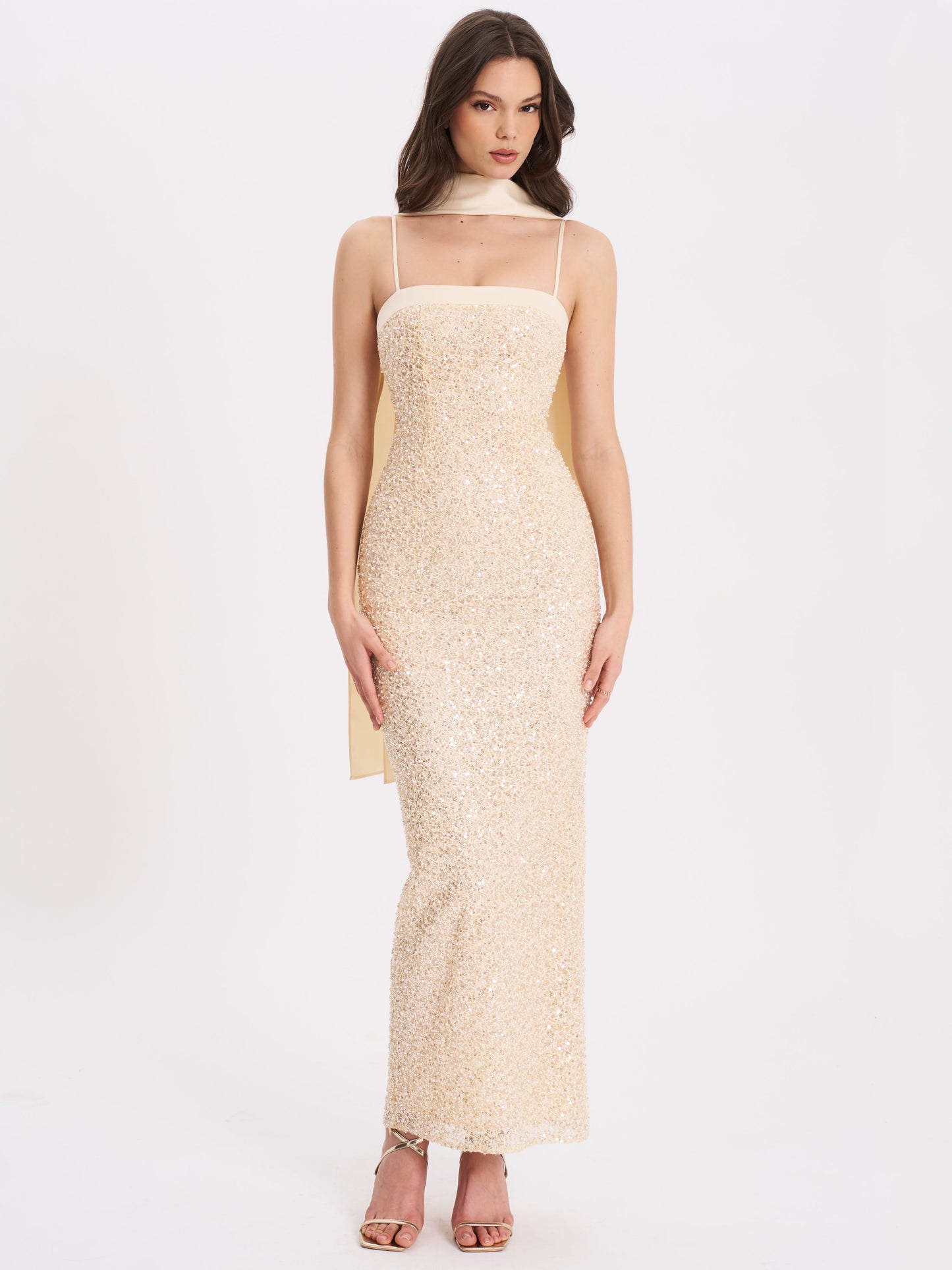 Raizel Gold Beaded Sequin Bodycon Gown with Scarf