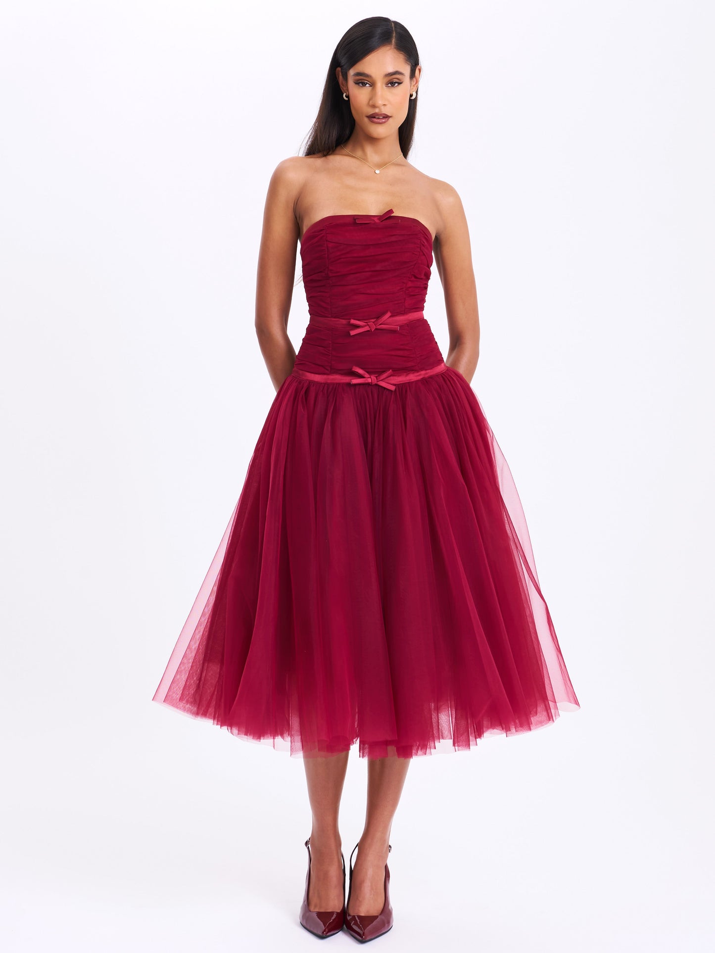 Mabel Burgundy Drop Waist Layered Mesh Midi Puffy Dress with Bow