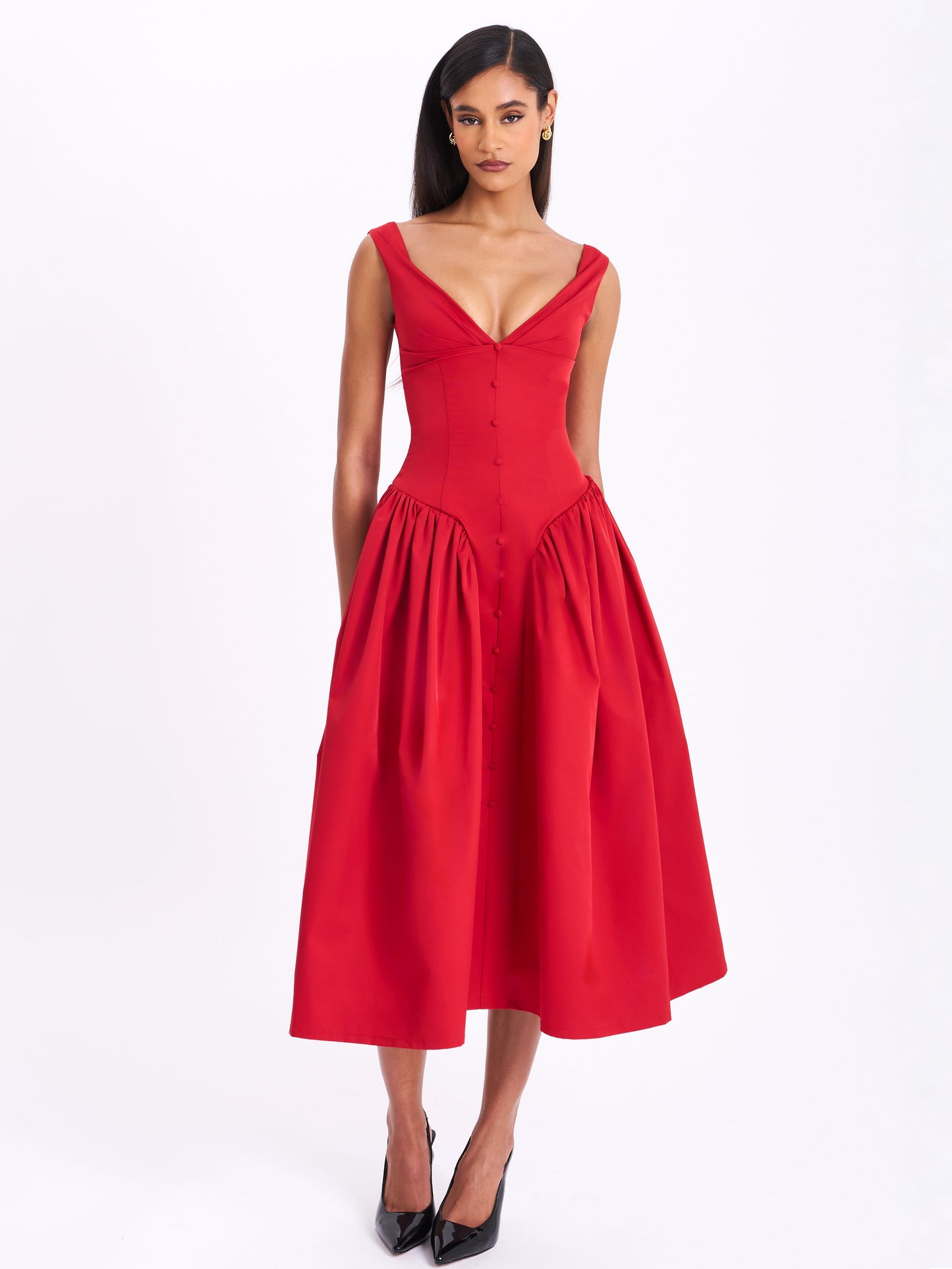 Nahla Red Drop Waist Midi Dress with Buttons