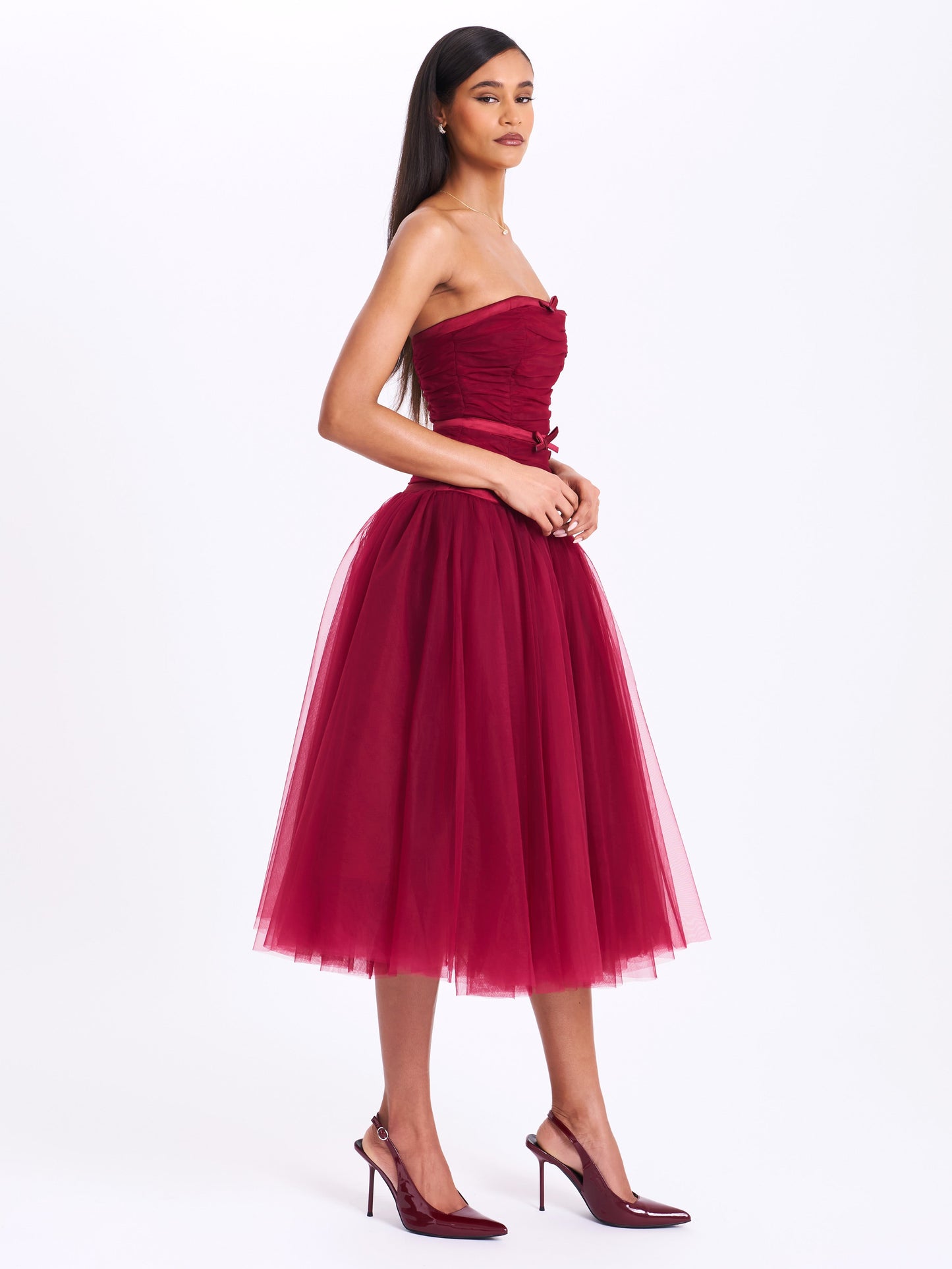 Mabel Burgundy Drop Waist Layered Mesh Midi Puffy Dress with Bow