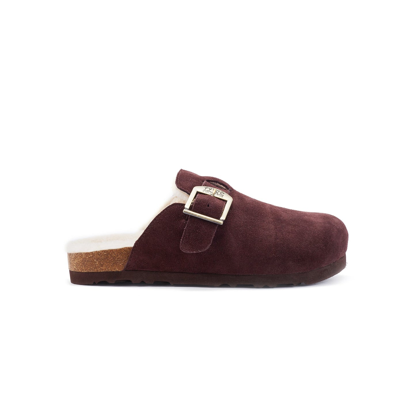 Brown suede clog shoe with a gold buckle on a white background