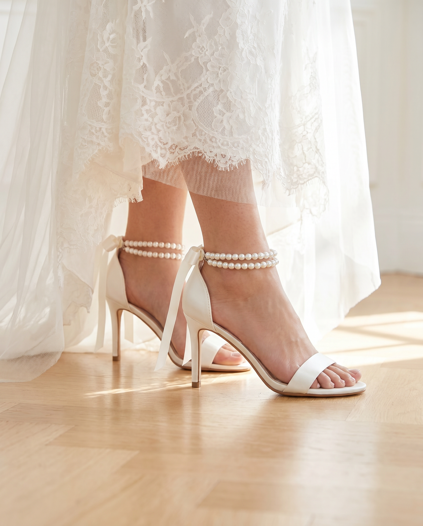 Satin High Heel Wedding Sandals with Double Pearls Ankle Strap