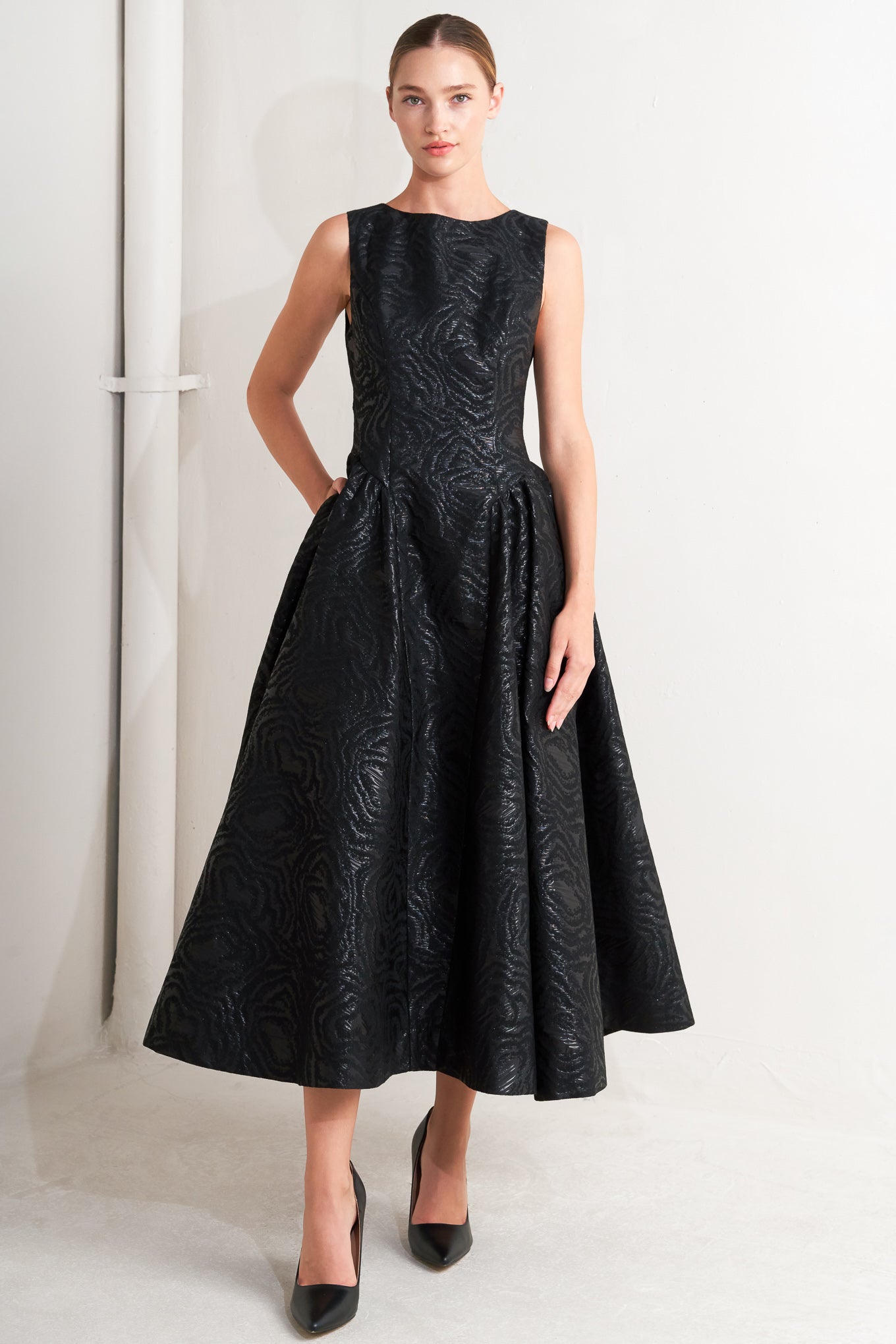 CHECK YOURSELF BLACK WOVEN MIDI DRESS