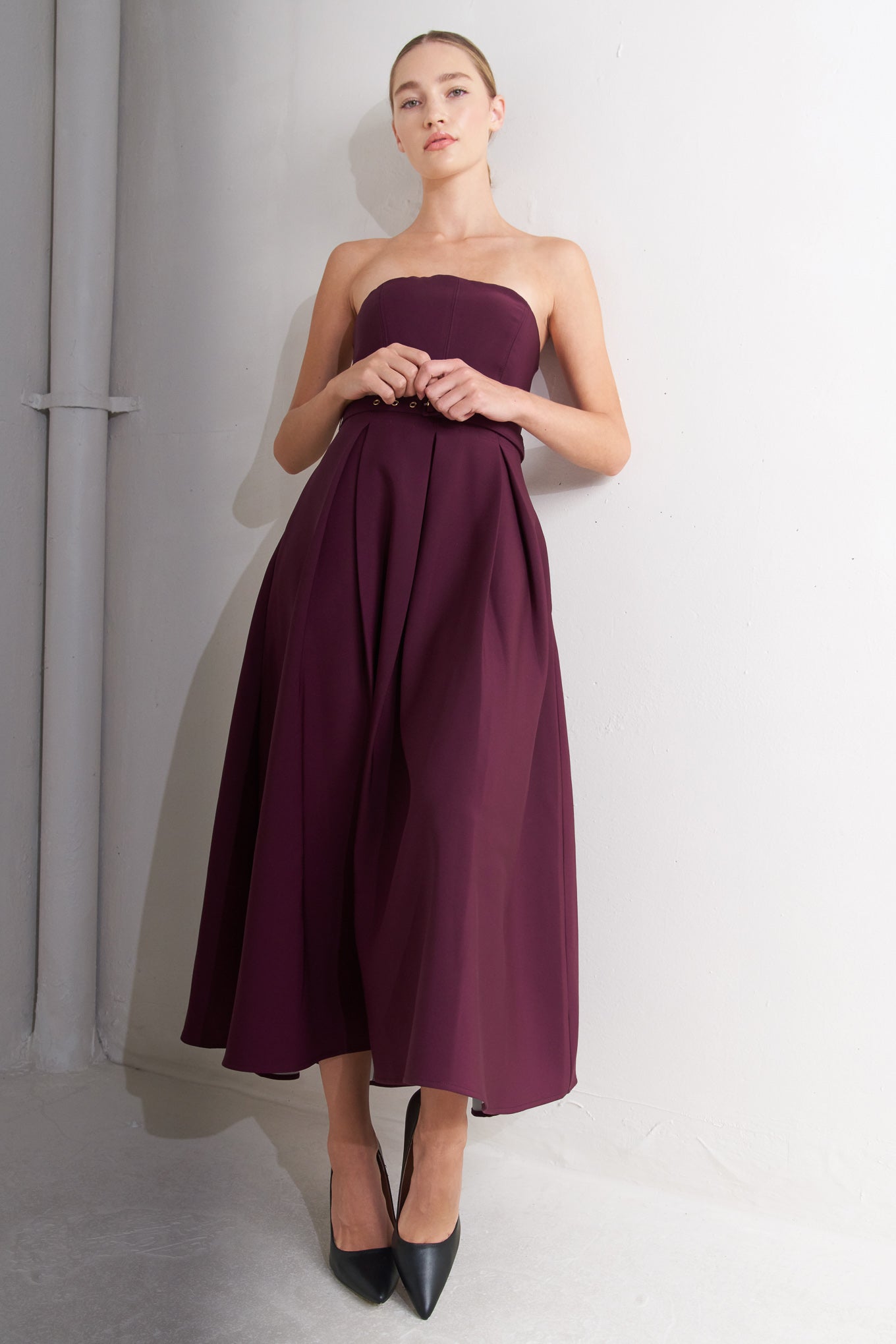 OPERA WINE WOVEN MIDI DRESS
