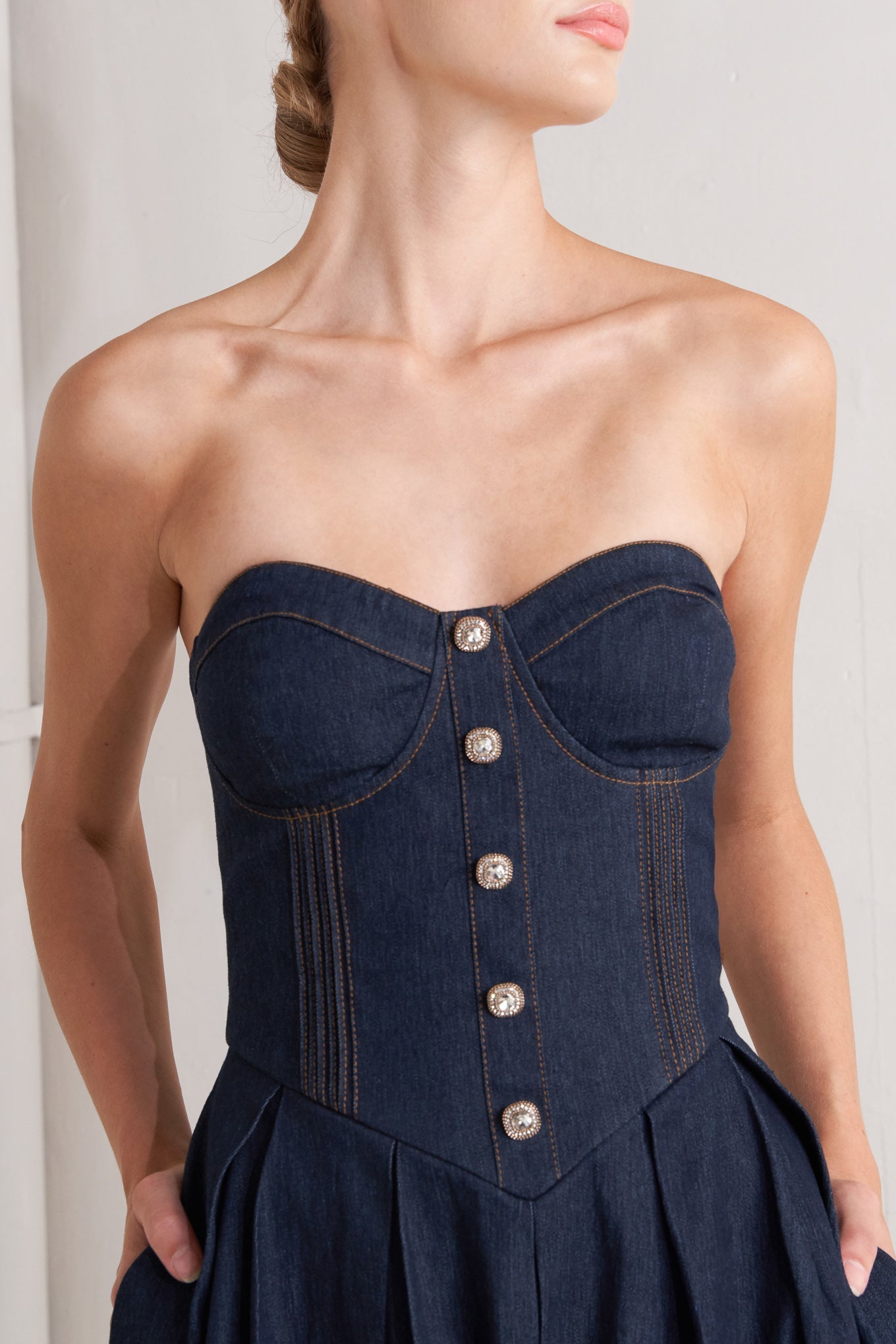 URBAN CORSET DENIM MIDI DRESS – Maison De Made