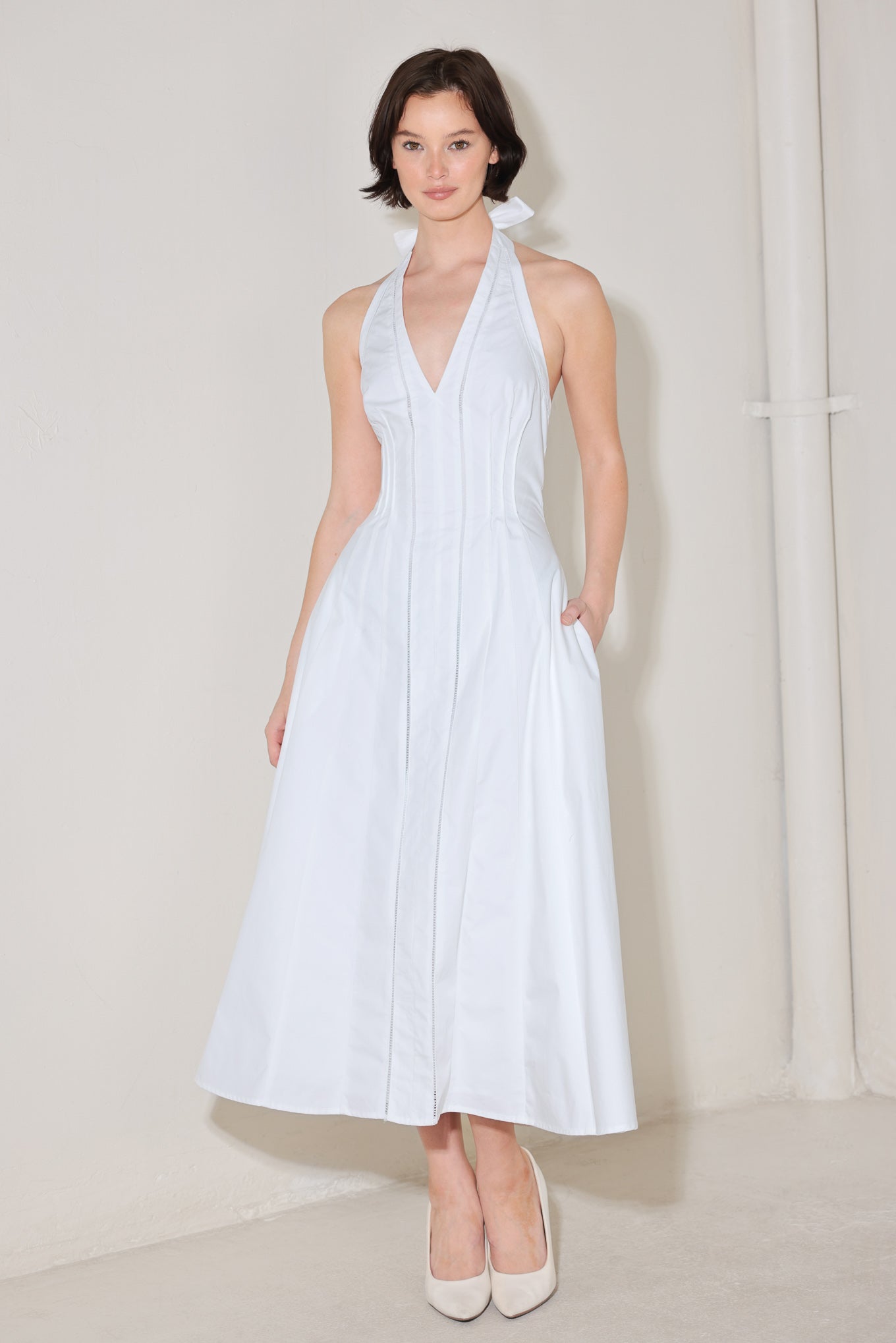 POWDER SKY HALTER WOVEN MIDI DRESS